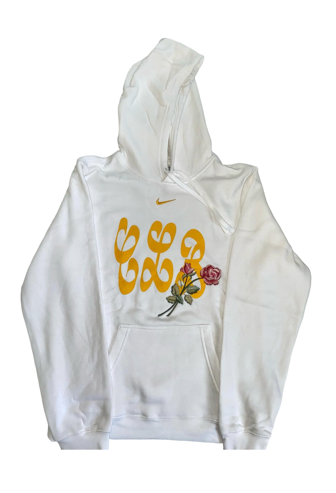 White hoodie with yellow text and a rose graphic on a white background CLB x Nike Hoodie