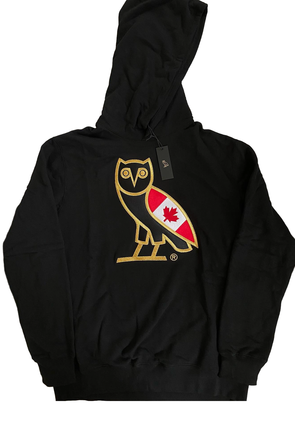 Black hoodie with a gold owl design featuring a red and white maple leaf on a white background Canada OG Owl Hoodie 2018