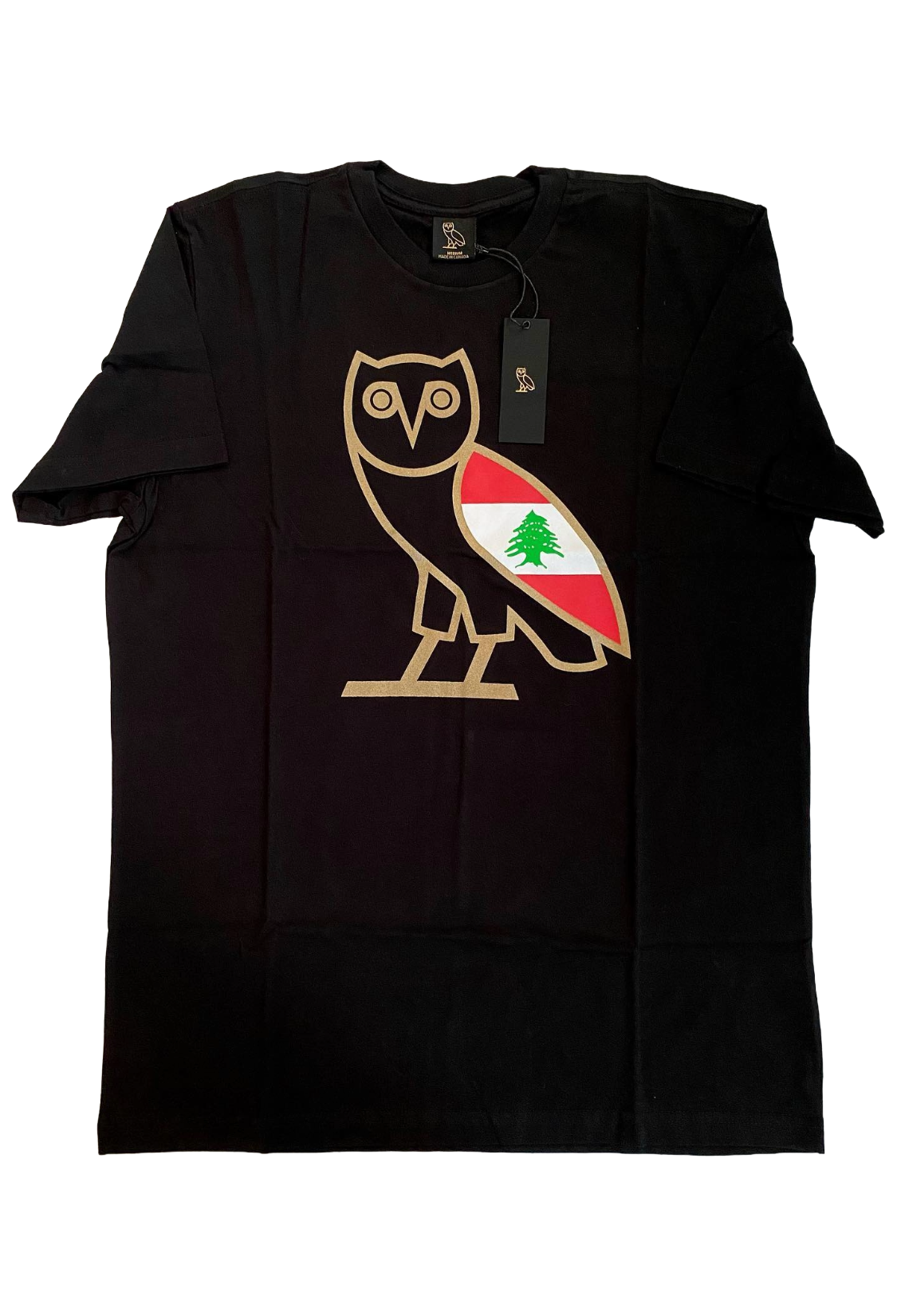 Black t-shirt with an owl design featuring the Lebanese flag on a white background Cedar of Lebanon OG Tee 2020