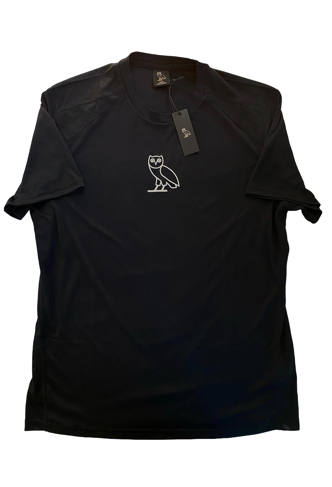 Black t-shirt with a OVO logo on a white background
