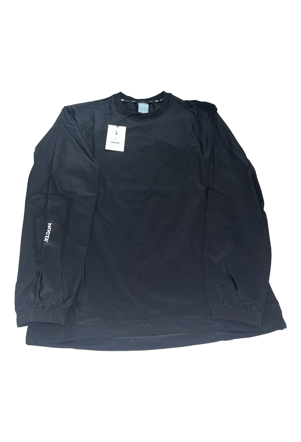 Black long-sleeve shirt with a tag on a white background