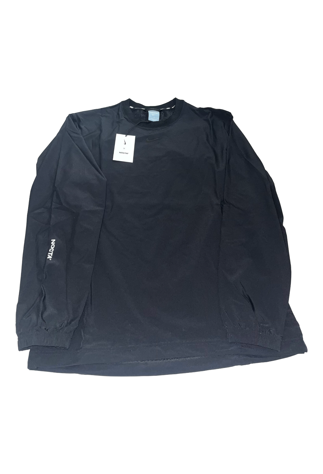 Black long-sleeve shirt with a tag on a white background