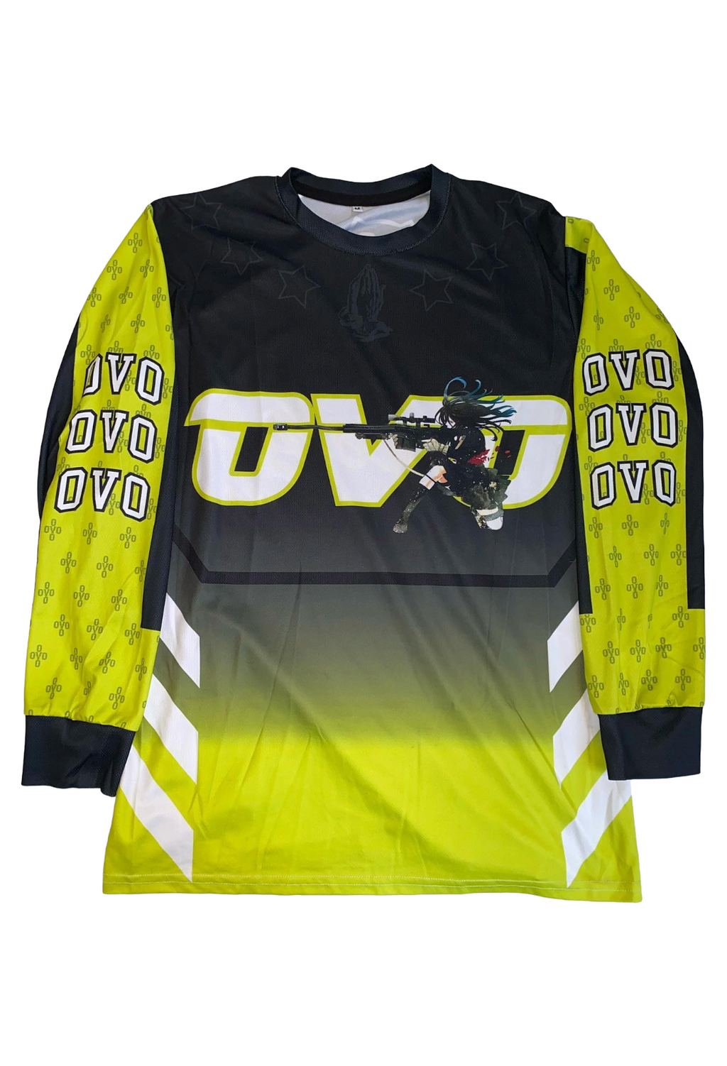 Black and yellow long-sleeve shirt with 'OVO' branding on a white background Giant Technical 2019 Friends & Family Exclusive Paintball Jersey