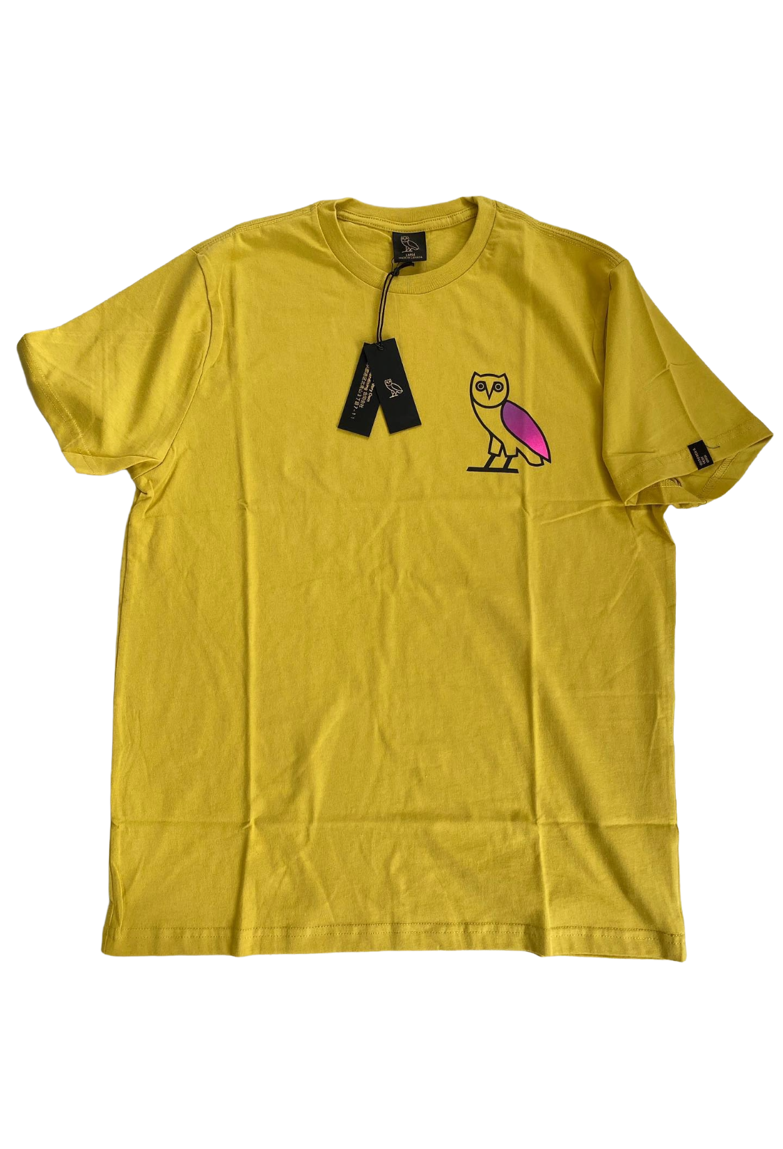 Yellow t-shirt with an owl graphic and tags on a white background Gradient Owl Tee 2019