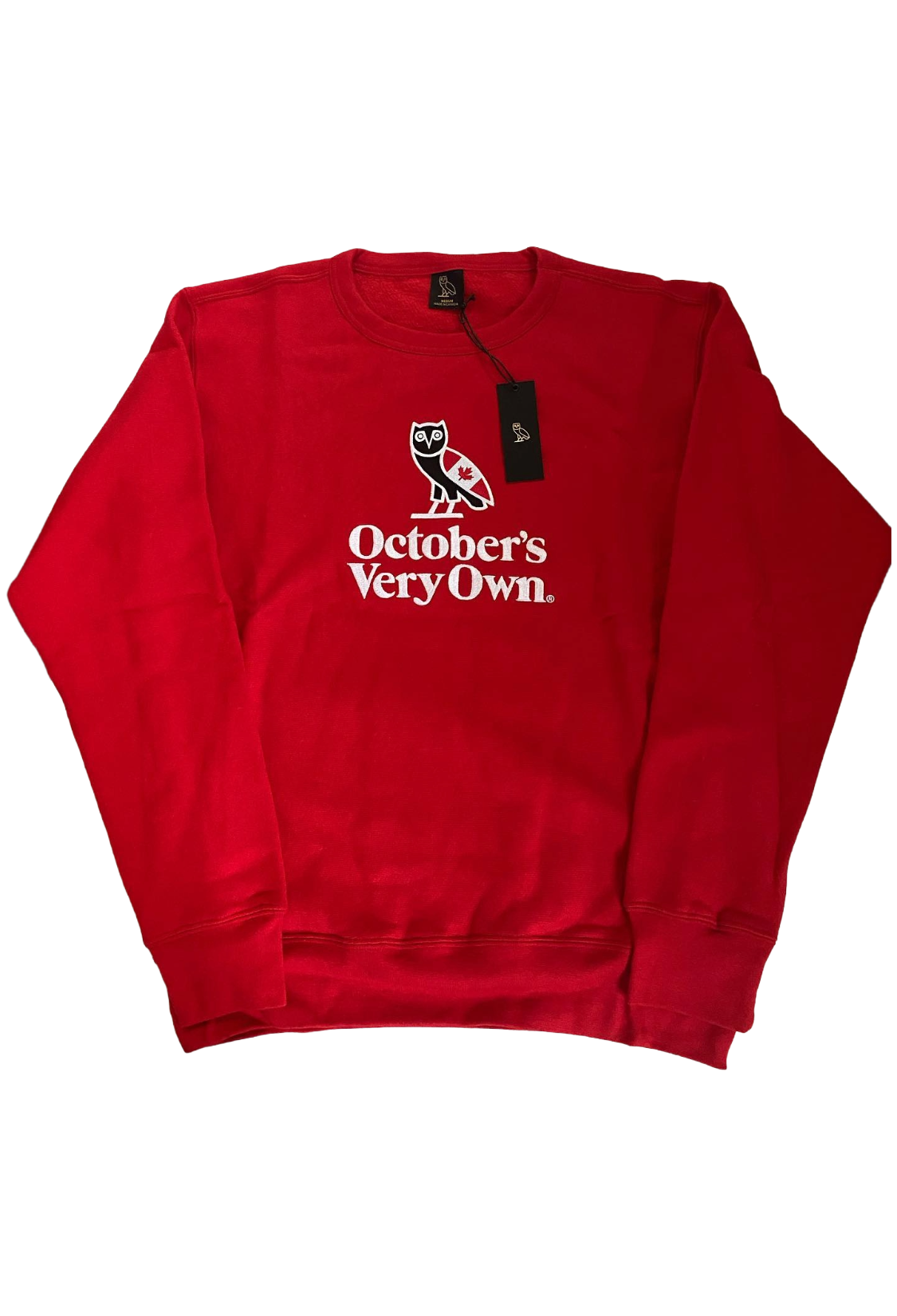 Red sweatshirt with 'October's Very Own' logo on a white background