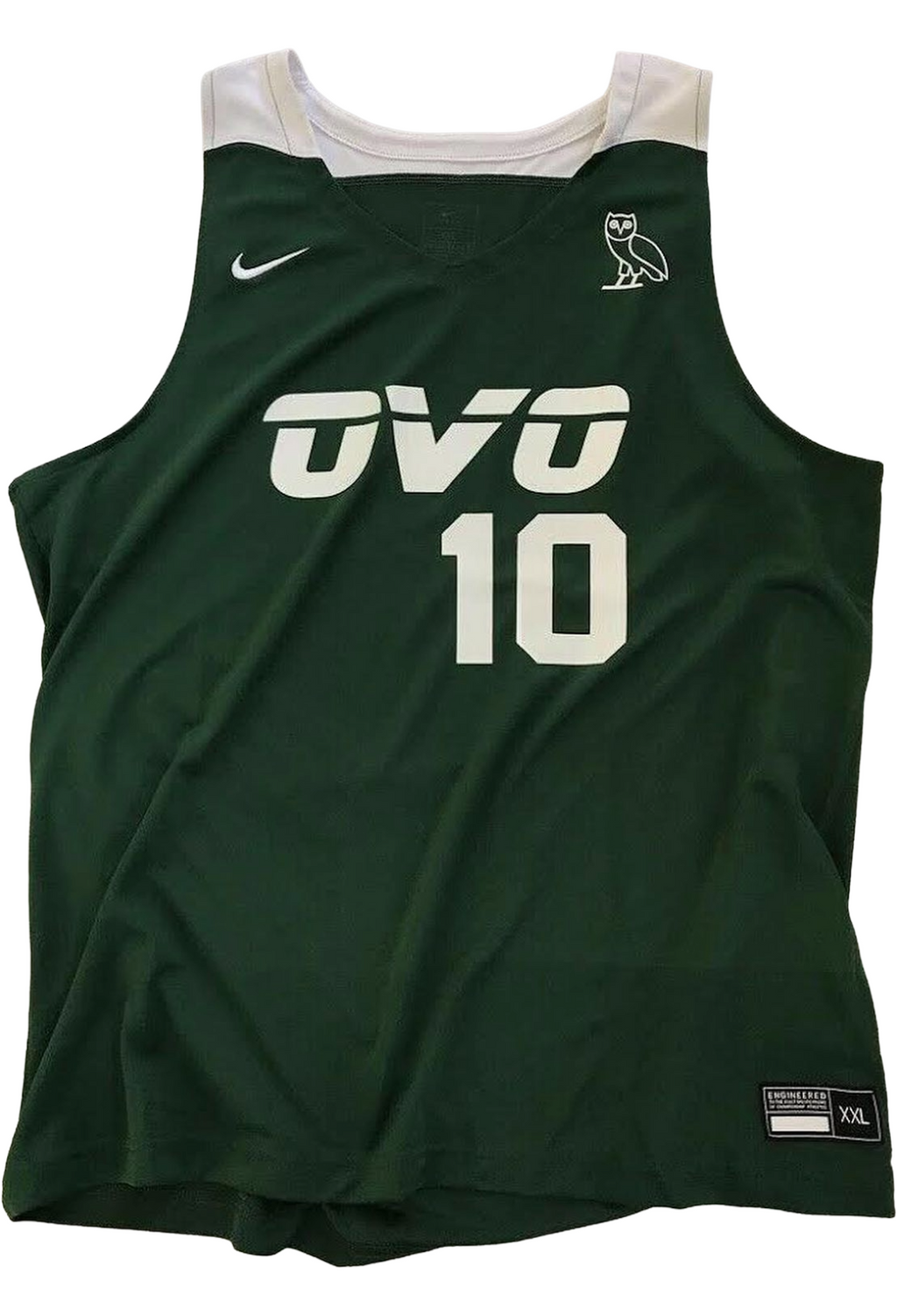 Green basketball jersey with 'OVO' and number '10' on a white background. Nike x OVO Fest (Basketball/Bounce) Exclusive Player's Jersey 2019