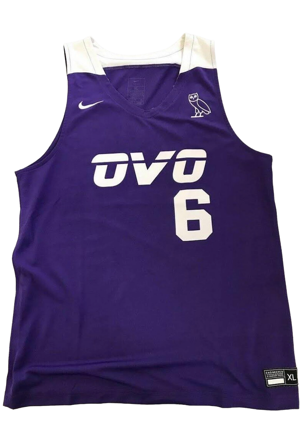 Purple basketball jersey with 'OVO' and number '6' on a white background. Nike x OVO Fest (Basketball/Bounce) Exclusive Player's Jersey 2019