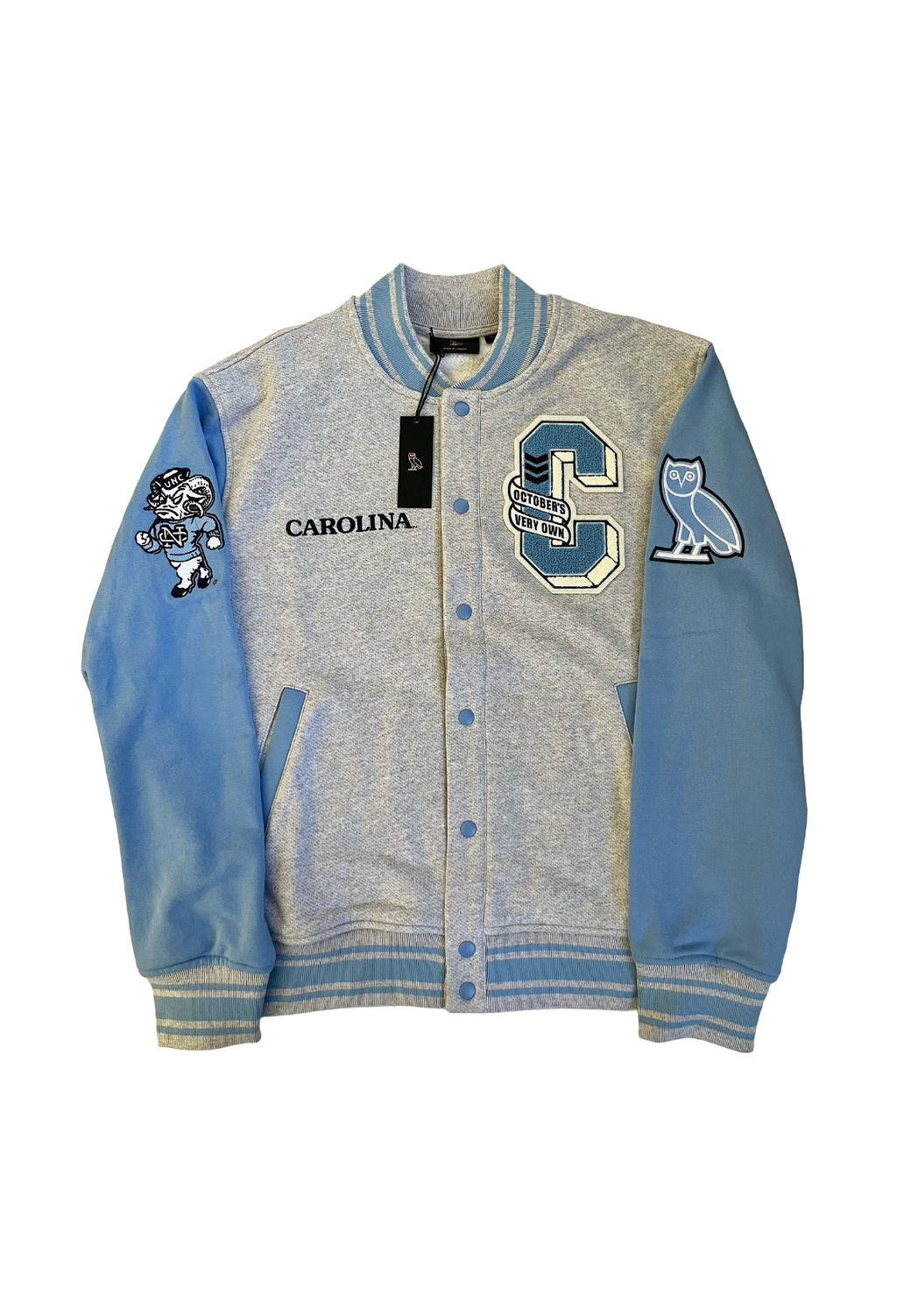 OVO x NCAA UNC North Carolina Tar Heels Fleece Varsity Jacket - Grey