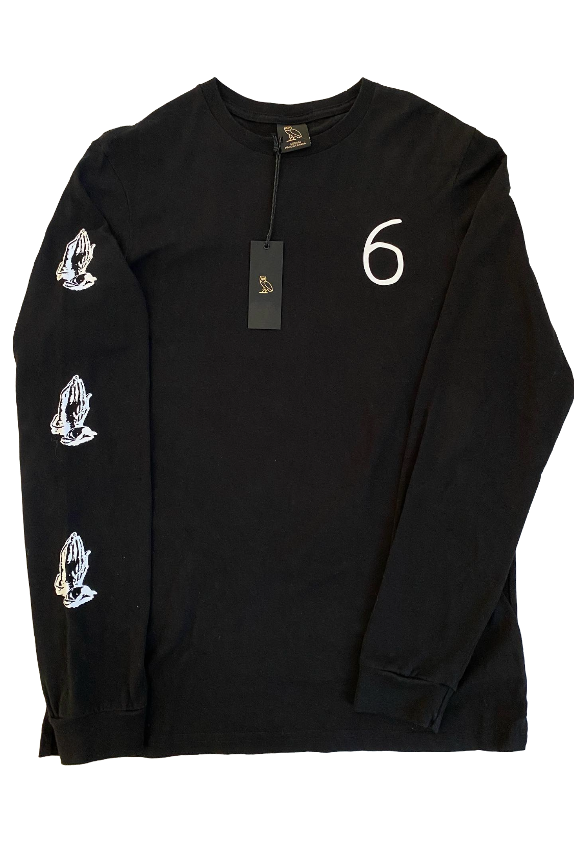 Black long-sleeve shirt with white graphics on a white background OVO 6 God Longsleeve Shirt