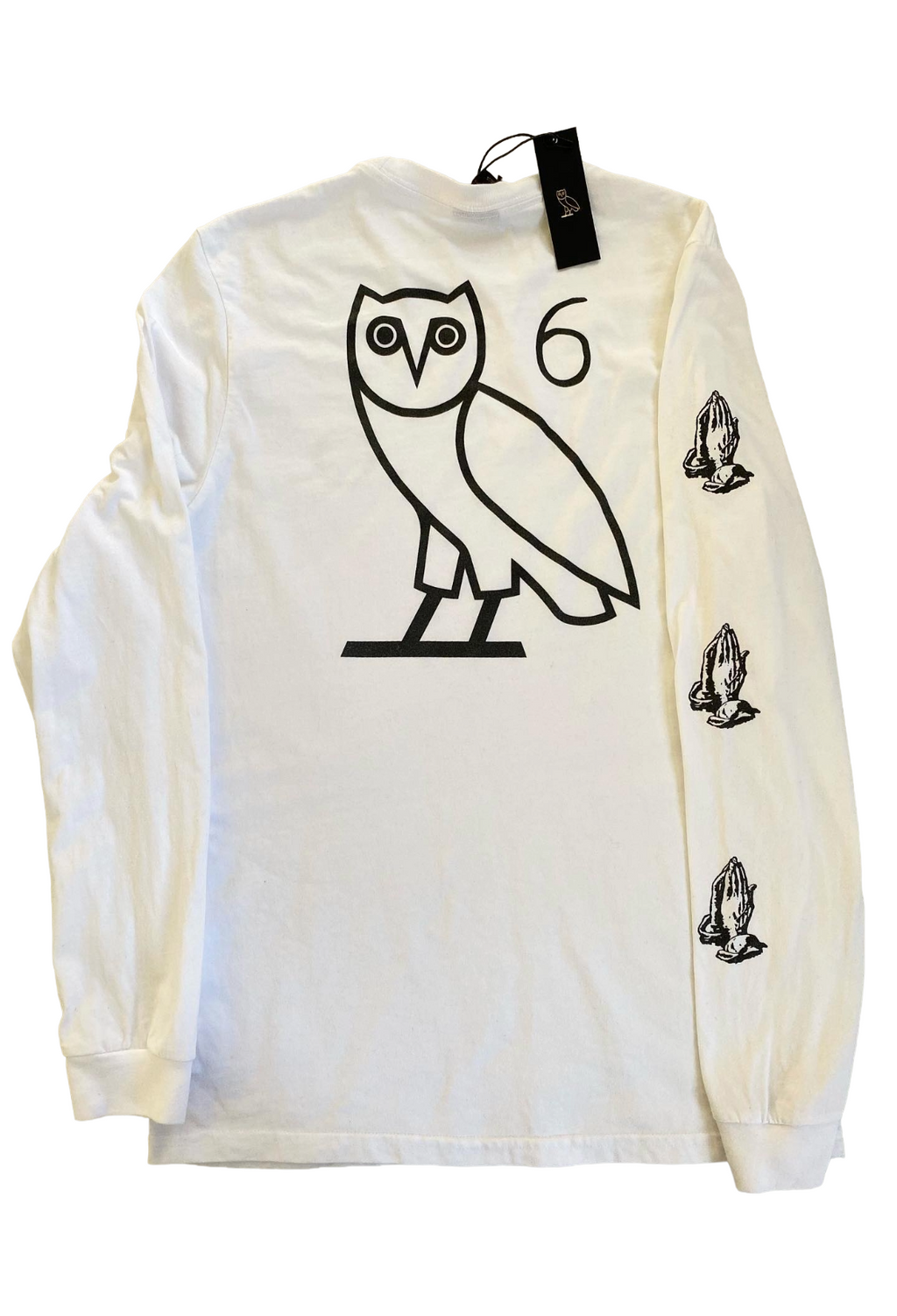 White long-sleeve shirt with owl graphic and '6' design on a white background OVO 6 God Longsleeve Shirt