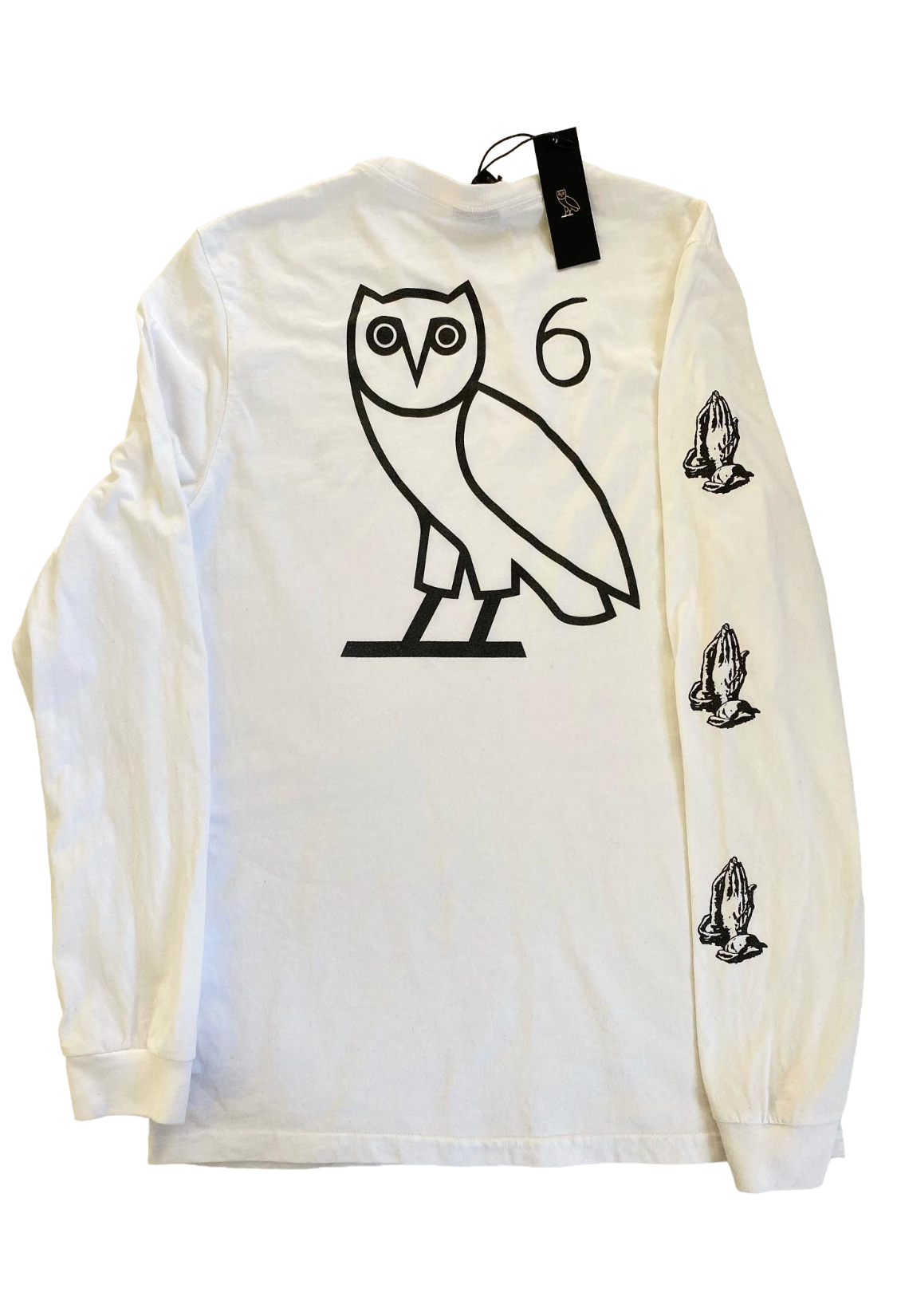 White long-sleeve shirt with owl graphic and '6' design on a white background OVO 6 God Longsleeve Shirt