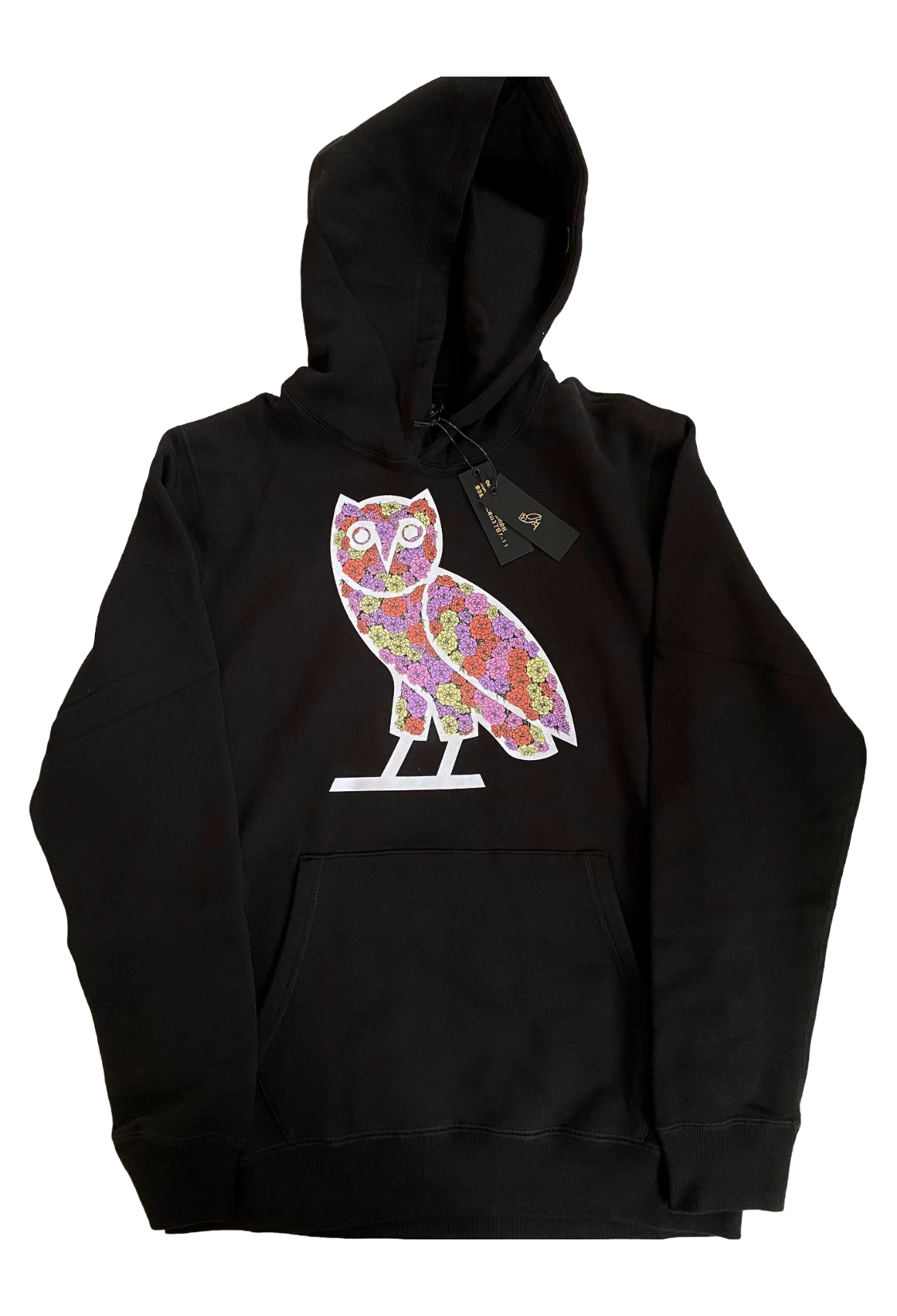 Black hoodie with a colorful owl graphic on a white background OVO Celebration OG Hoodie 2019