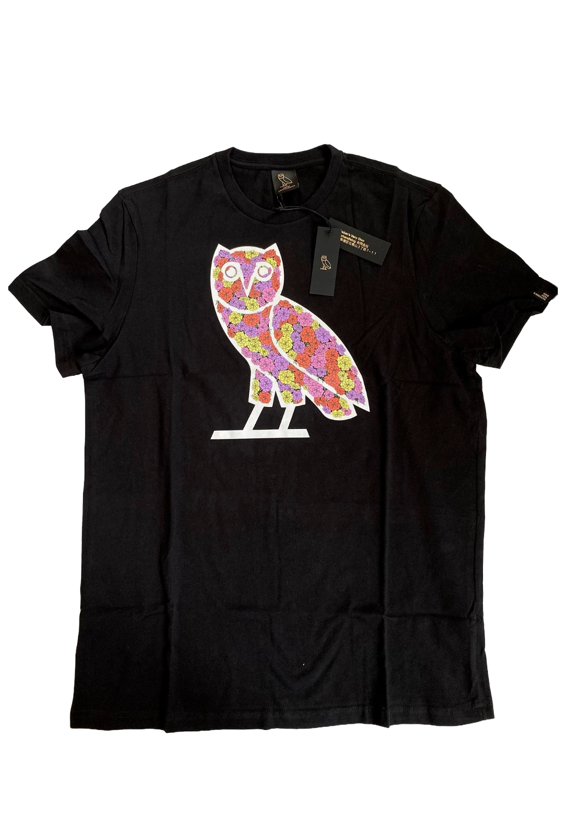 Black t-shirt with a colorful owl graphic on a white background OVO Celebration OG Owl Tee