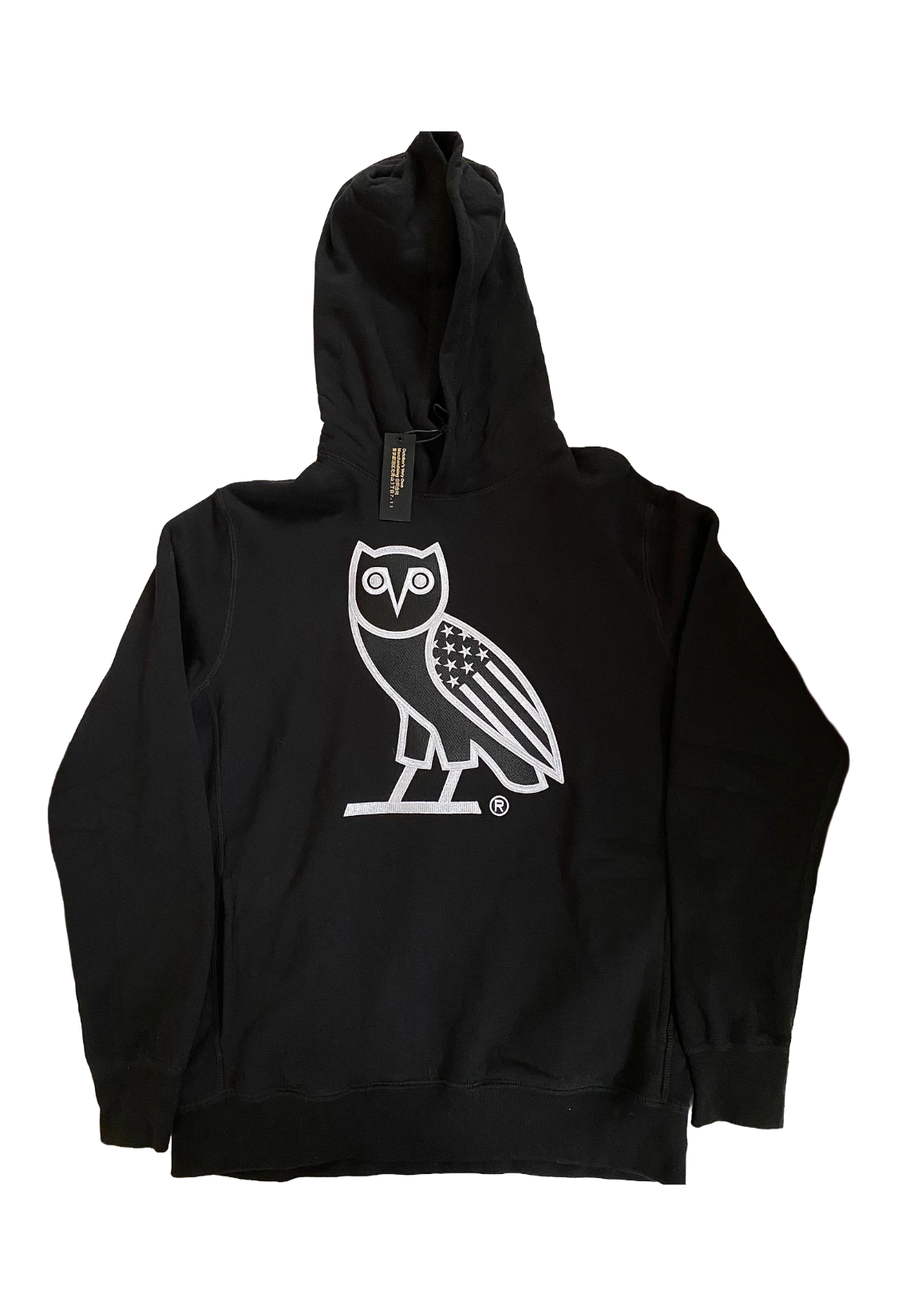 Black hoodie with a white owl logo on a white background