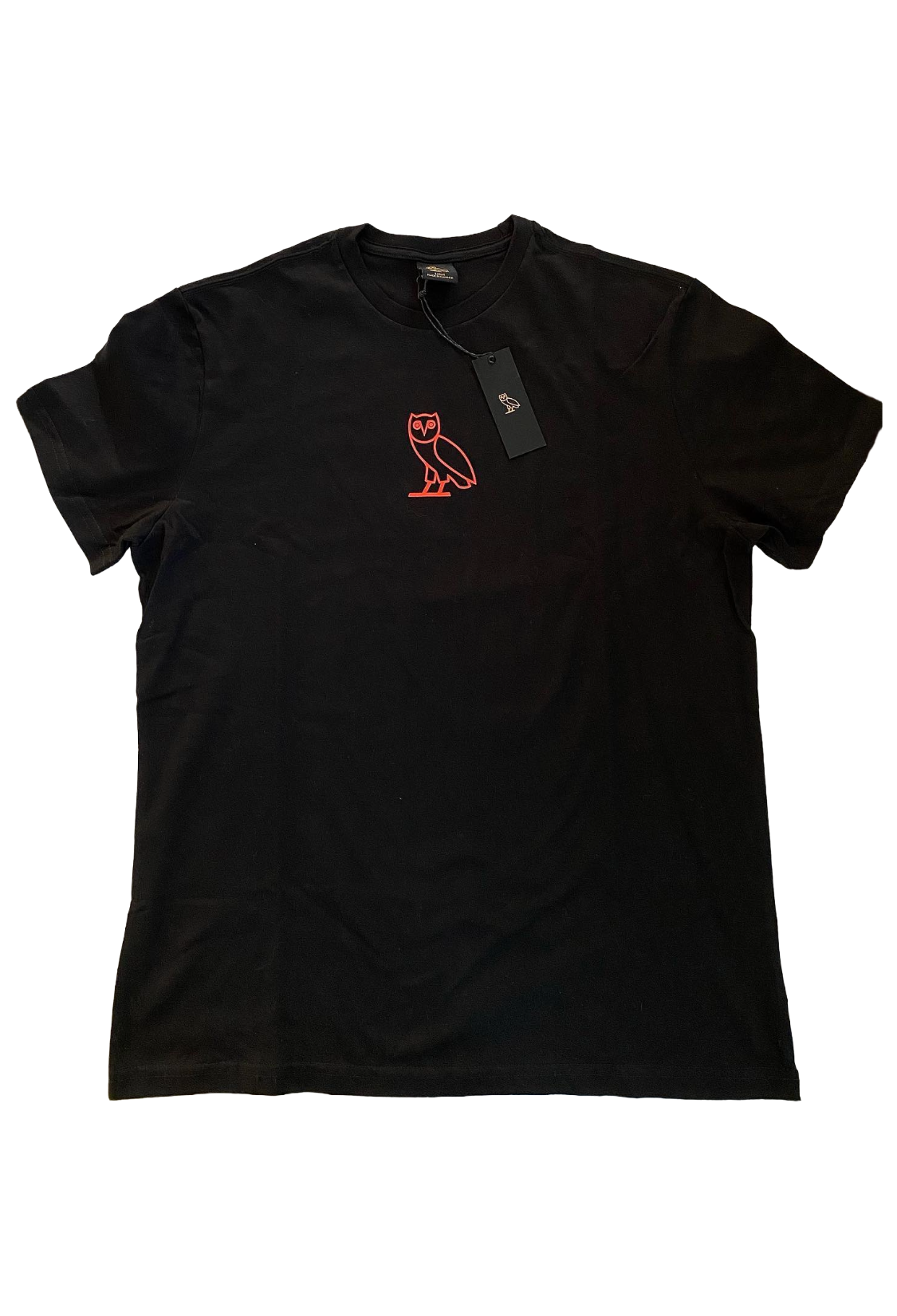 Black t-shirt with a red OVO logo on a white background