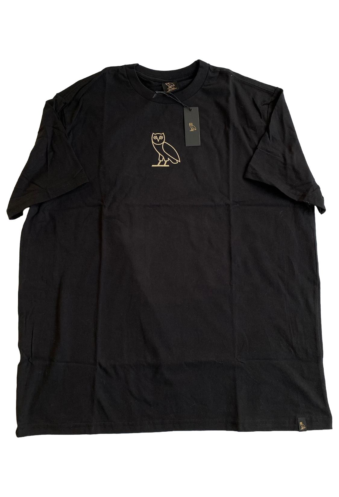 Black t-shirt with a OVO logo on a white background