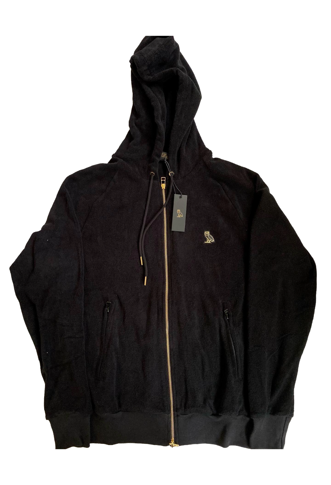 Black hoodie with a brand logo on a white background OVO Essentials French Terry Cloth Hoodie