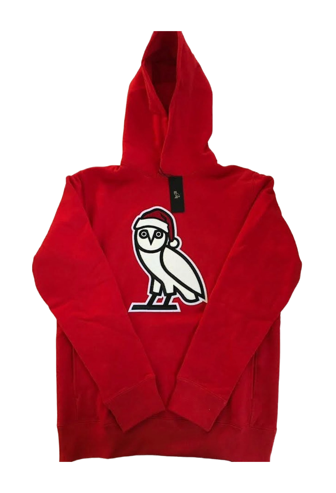 Red hoodie with a white owl logo on a white background. OVO Holiday OG Owl Hoodie Chenille 2020