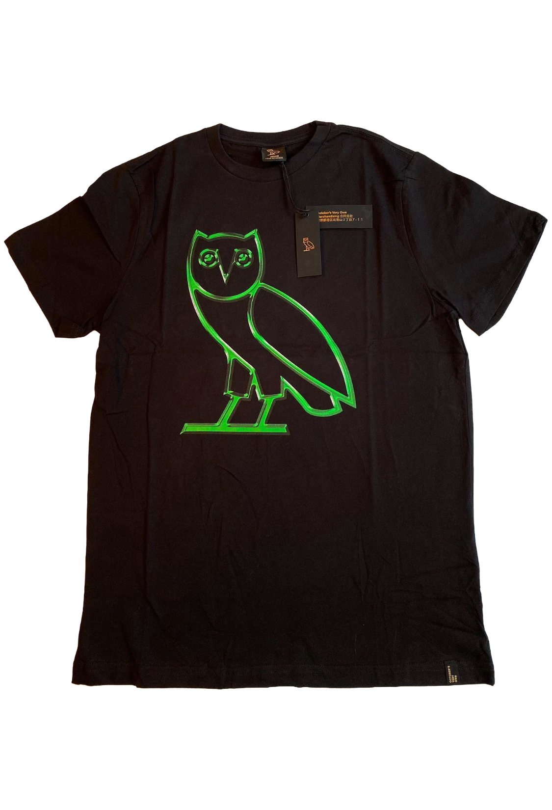 Black t-shirt with green owl logo on a white background OVO
