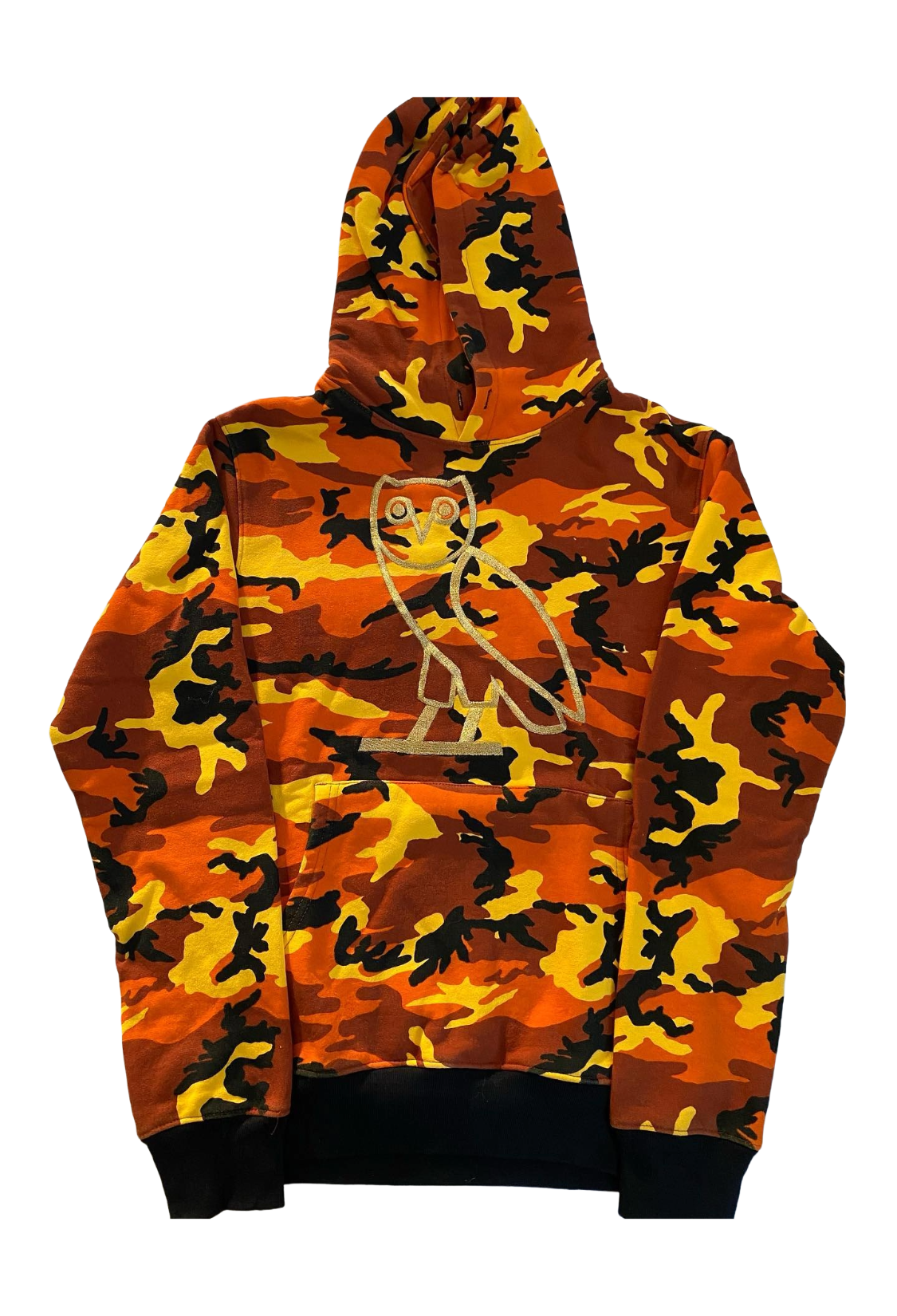 Camouflage hoodie with a brand logo on a white background