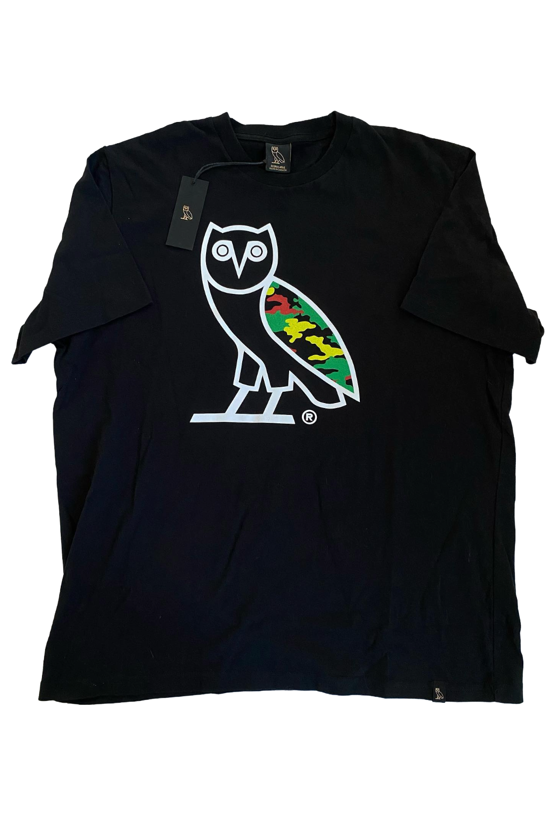 Black sleeveless shirt with a colorful owl logo on a white background OVO OG Owl Camo Tee