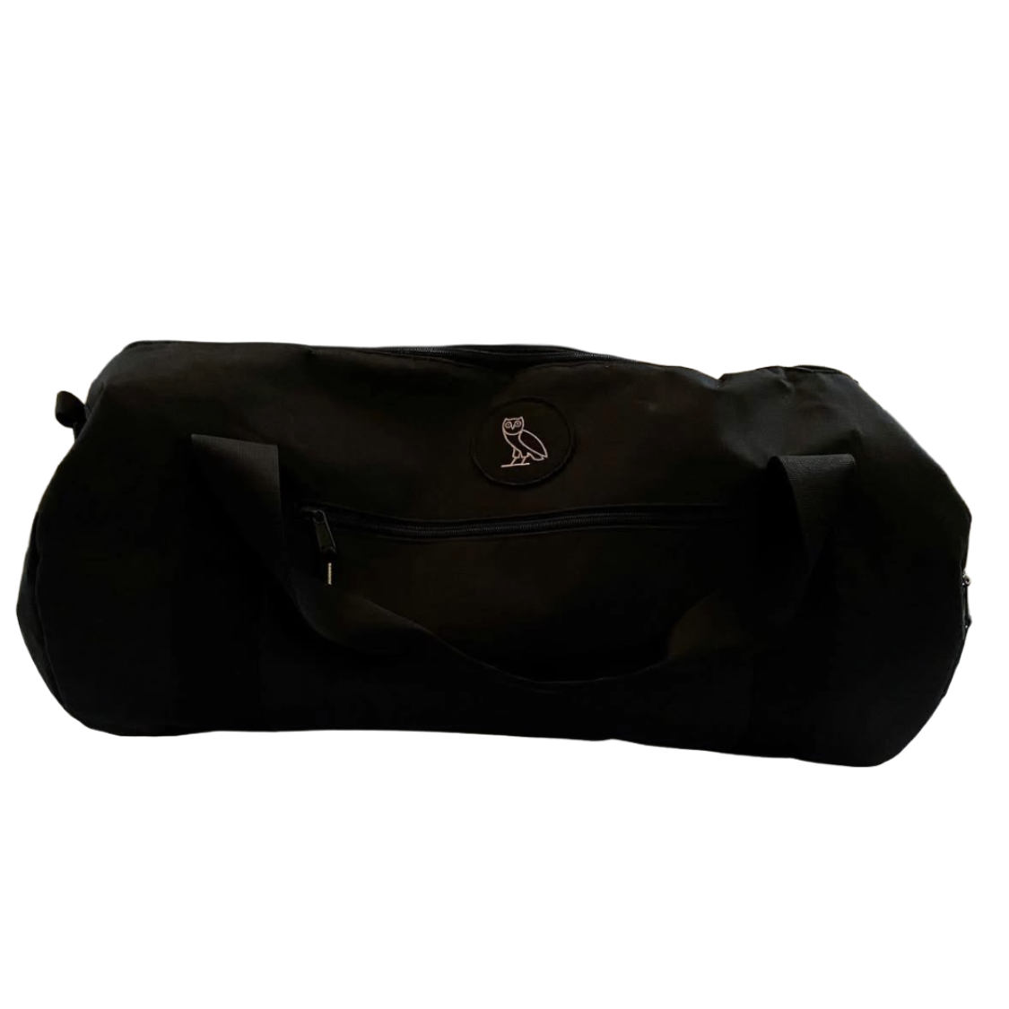 Black duffel bag with a logo on a white background