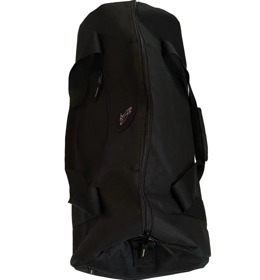 Black duffel bag with a brand logo on a white background