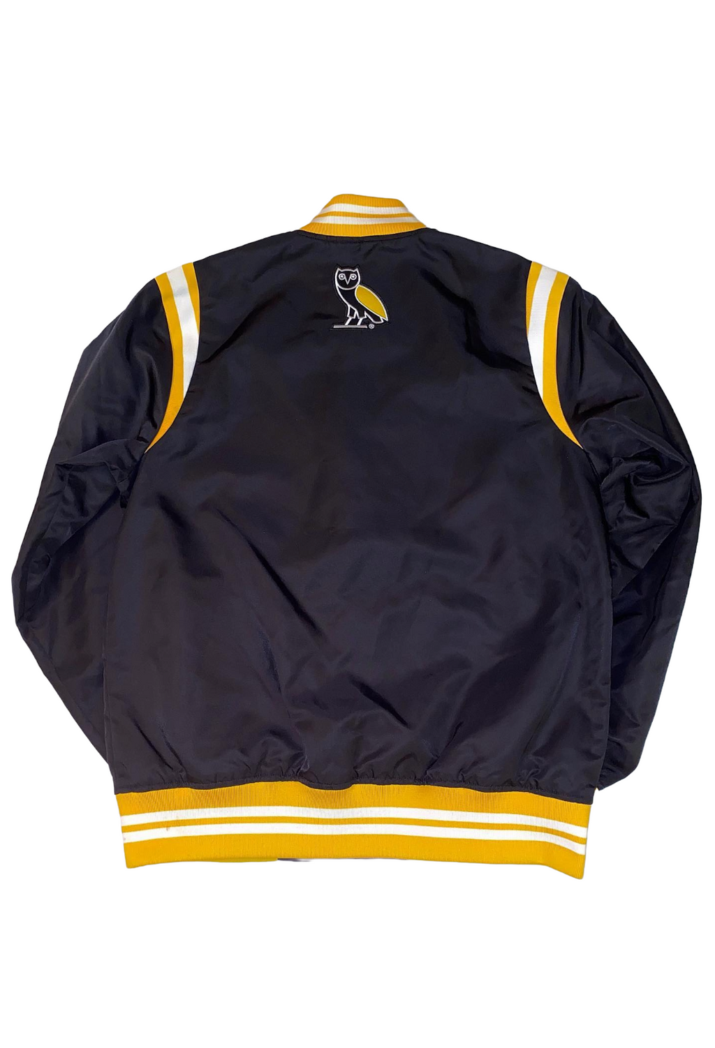 Black blue jacket with yellow and white accents on a white background OVO Owl