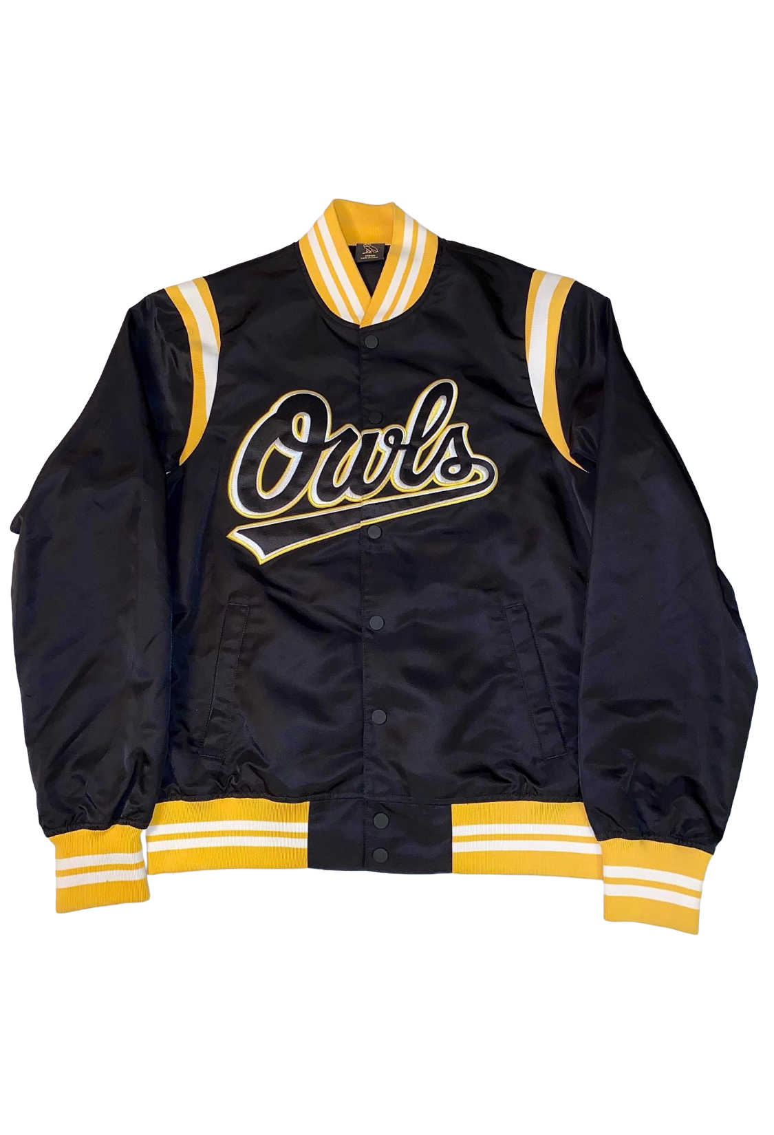 Black varsity jacket with yellow accents and 'Owls' lettering on a white background