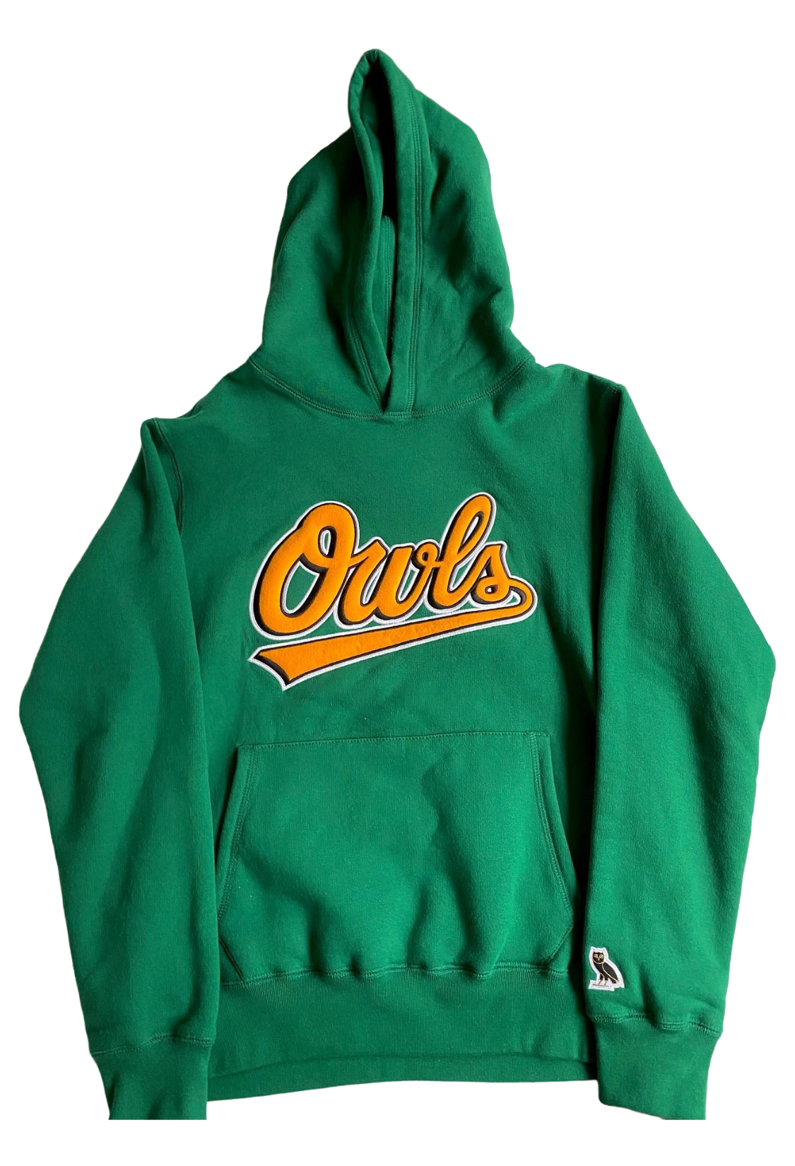 Green hoodie with 'Owls' text on a white background