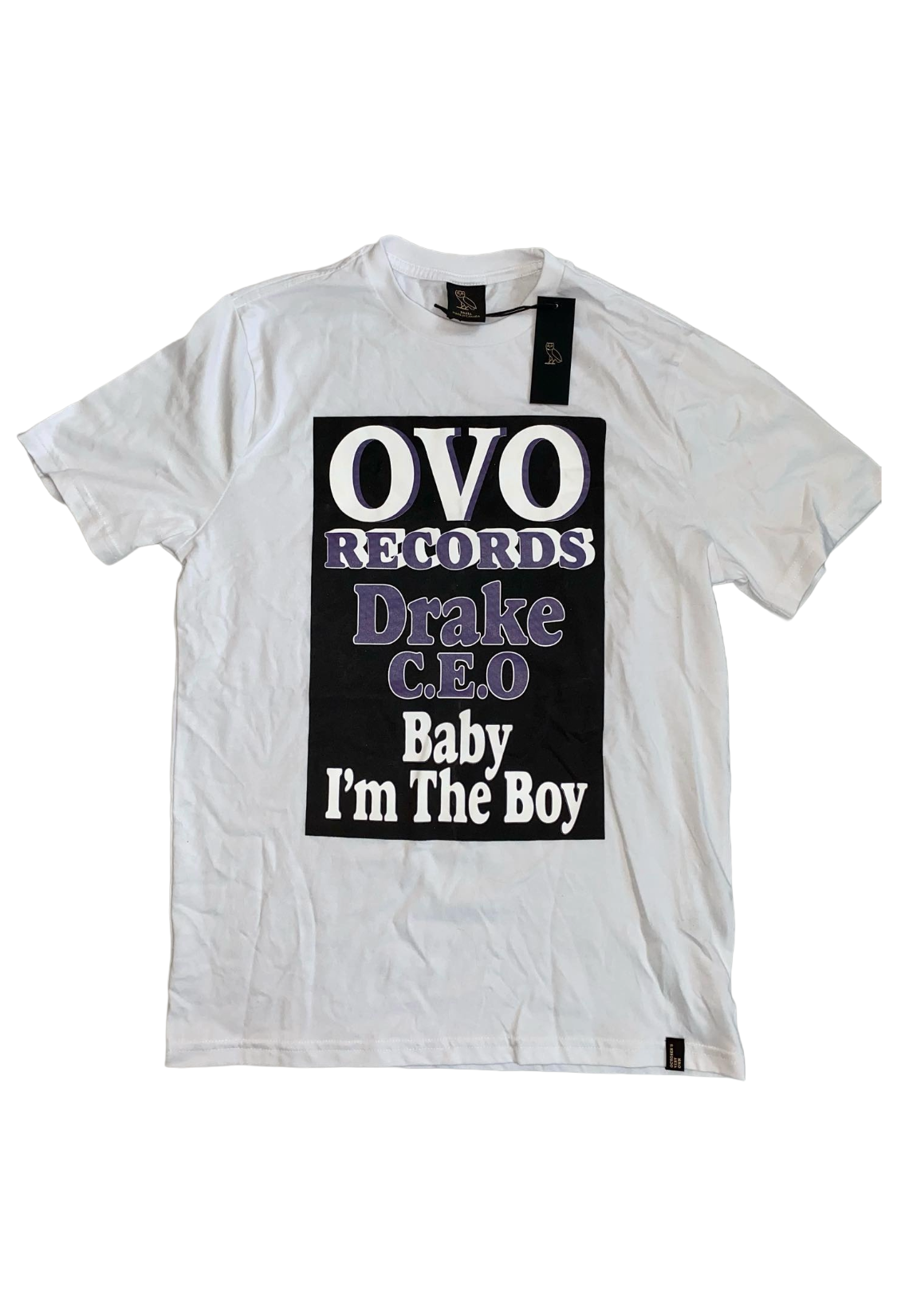 White t-shirt with OVO Records Drake C.E.O Baby I'm The Boy text on a white background. OVO Records Drake CEO Tee Friends & Family Unreleased