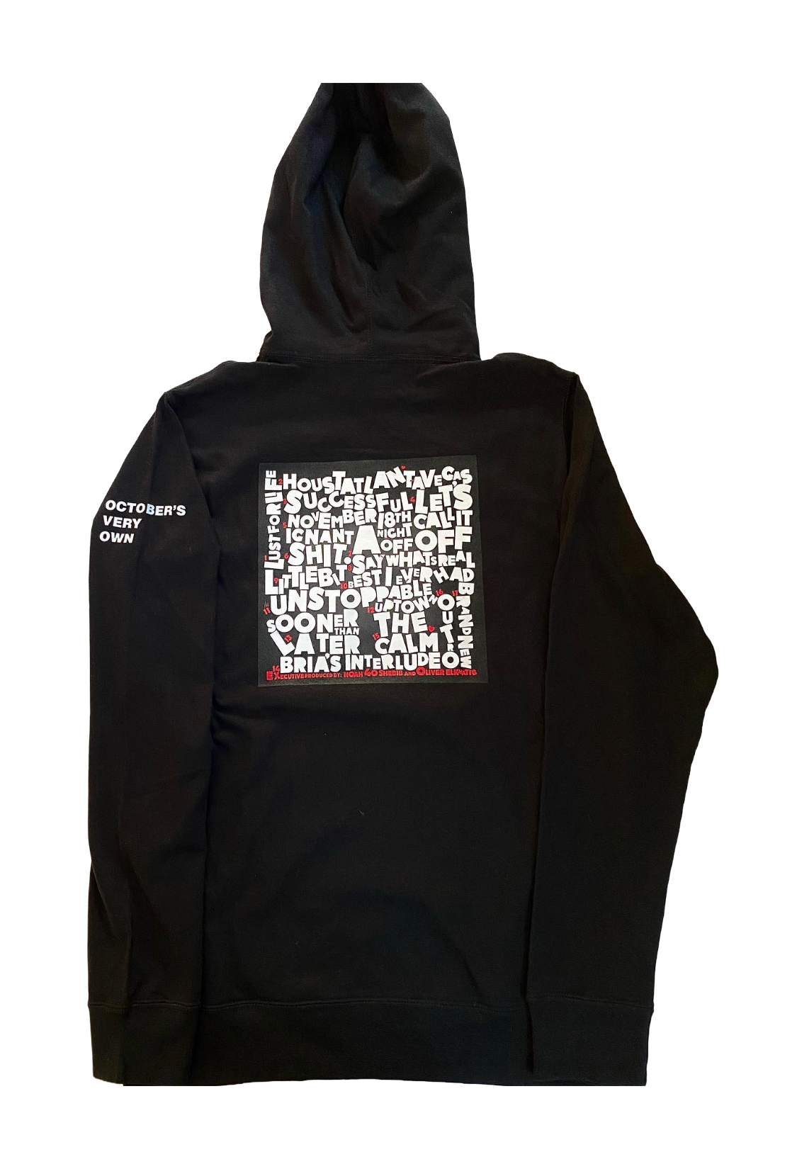 Black hoodie with text design on the back against a white background