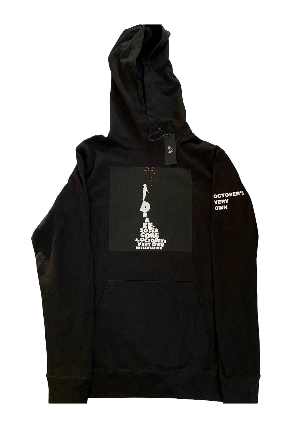 Black hoodie with a graphic design on a white background