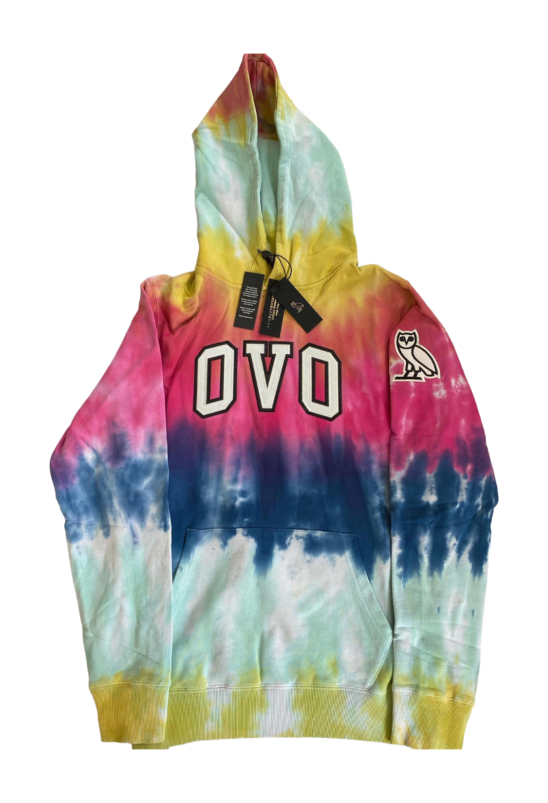 Tie-dye hoodie with 'OVO' branding on a white background OVO Tie Dye Arch Embroidered Hoodie