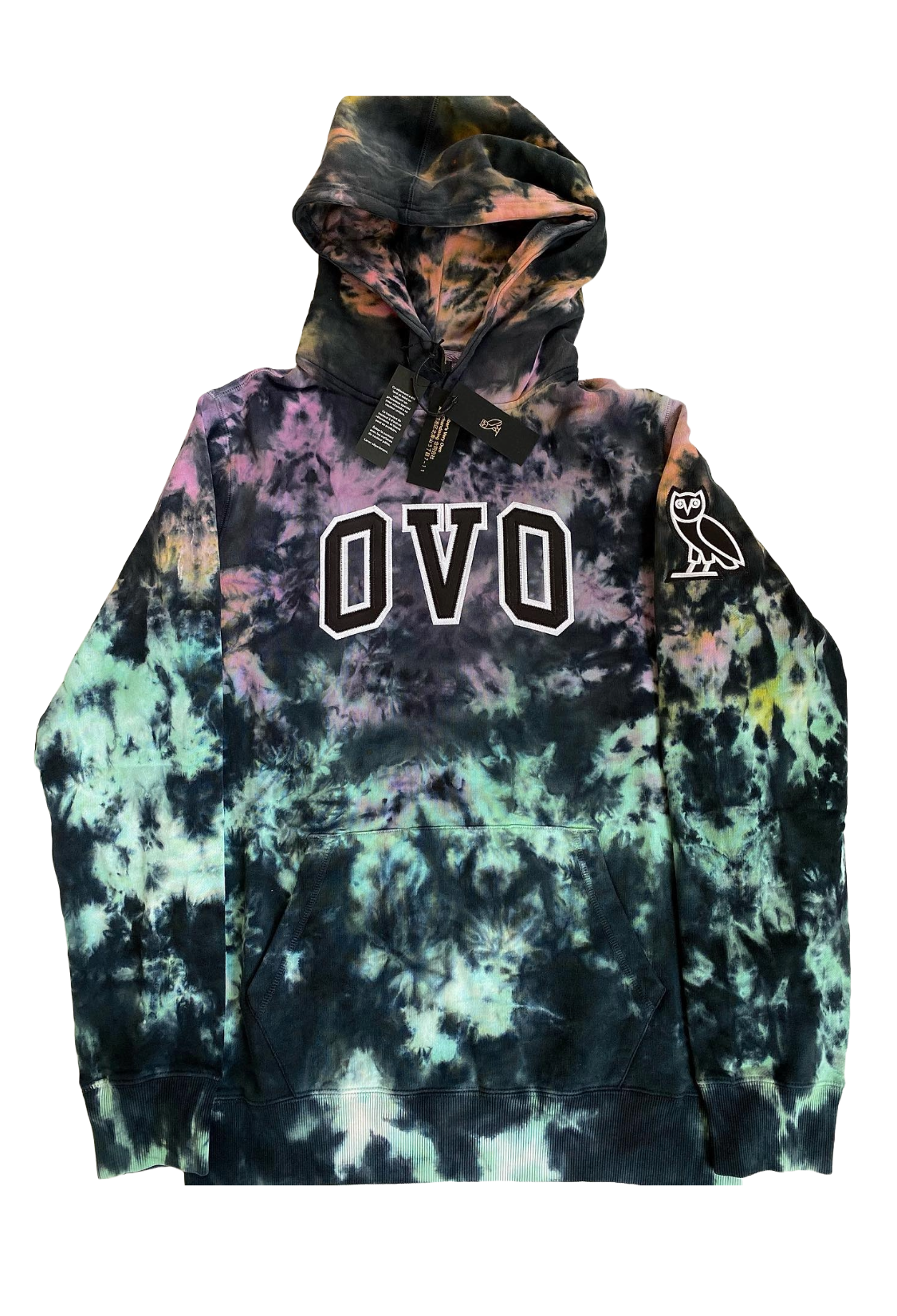 Tie-dye hoodie with 'OVO' branding on a white background OVO Tie Dye Arch Embroidered Hoodie