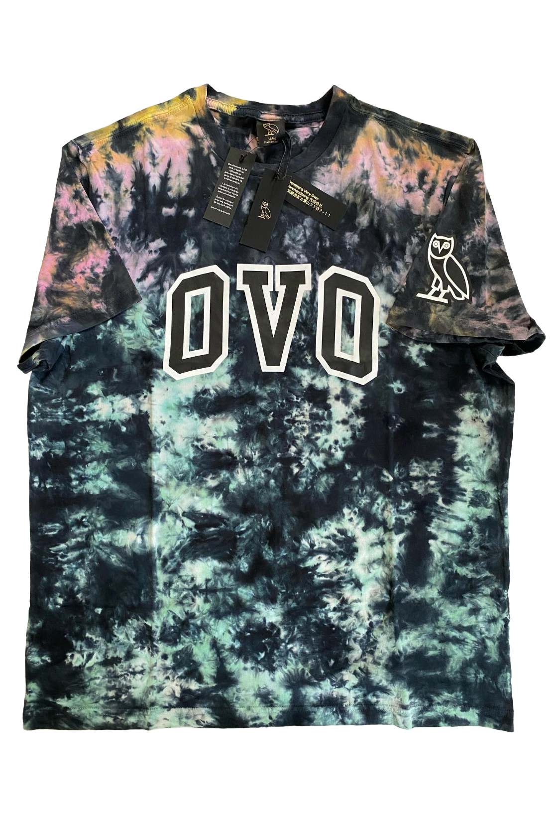 Tie-dye sleeveless shirt with 'OVO' logo on a white background OVO Tie Dye Arch Tee 2019