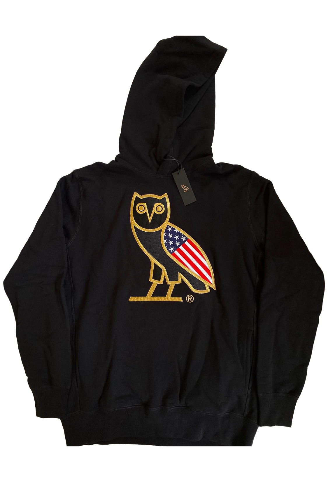Black hoodie with an owl design featuring an American flag on a white background OVO USA OG Owl Hoodie 2019 Exclusive
