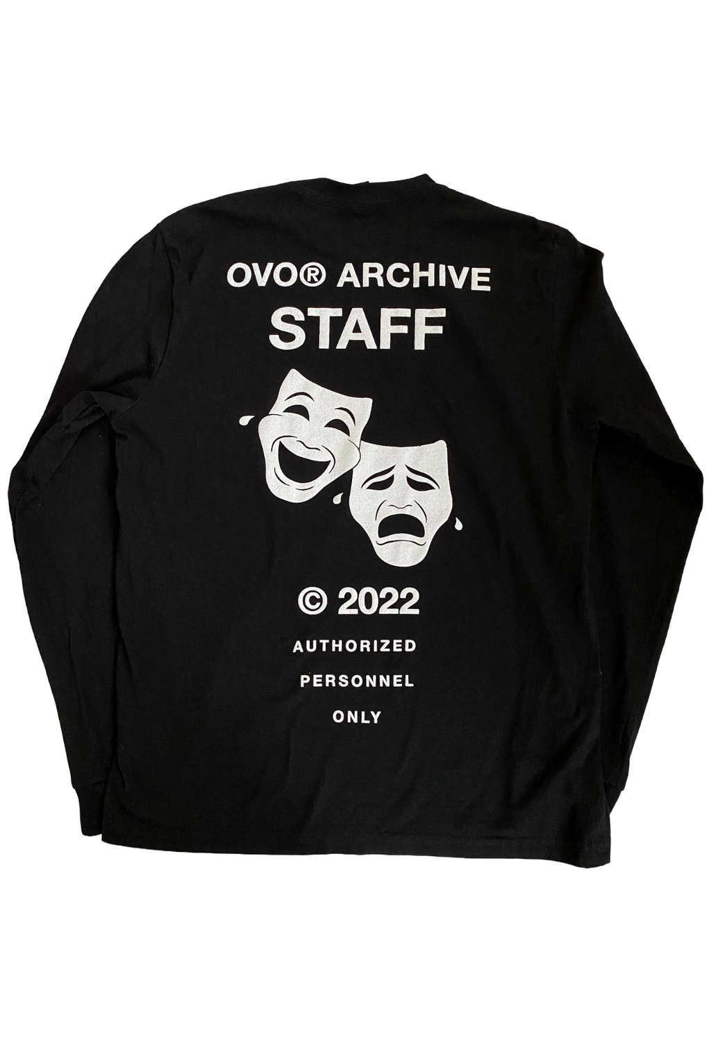 Black long-sleeve shirt with white text and graphics on a white background OVO Warehouse Sale "Can't Take a Joke" Staff Exclusive Shirt
