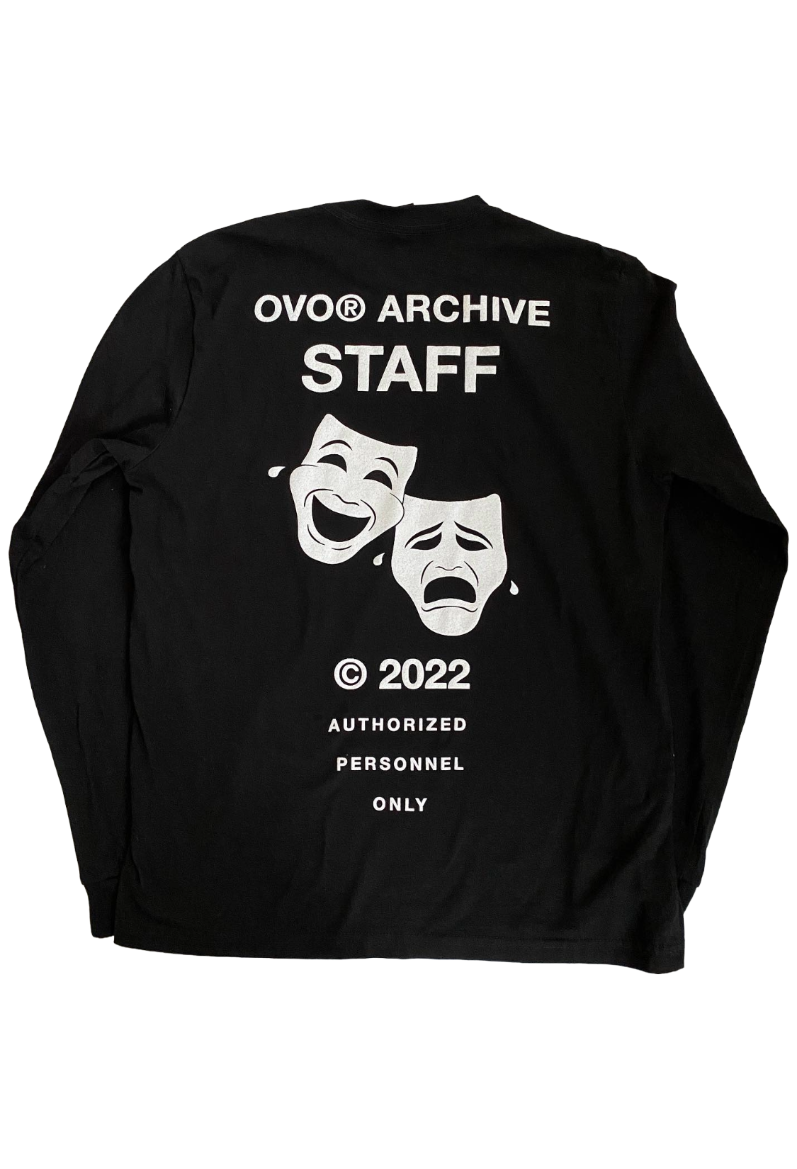 Black long-sleeve shirt with white text and graphics on a white background OVO Warehouse Sale "Can't Take a Joke" Staff Exclusive Shirt