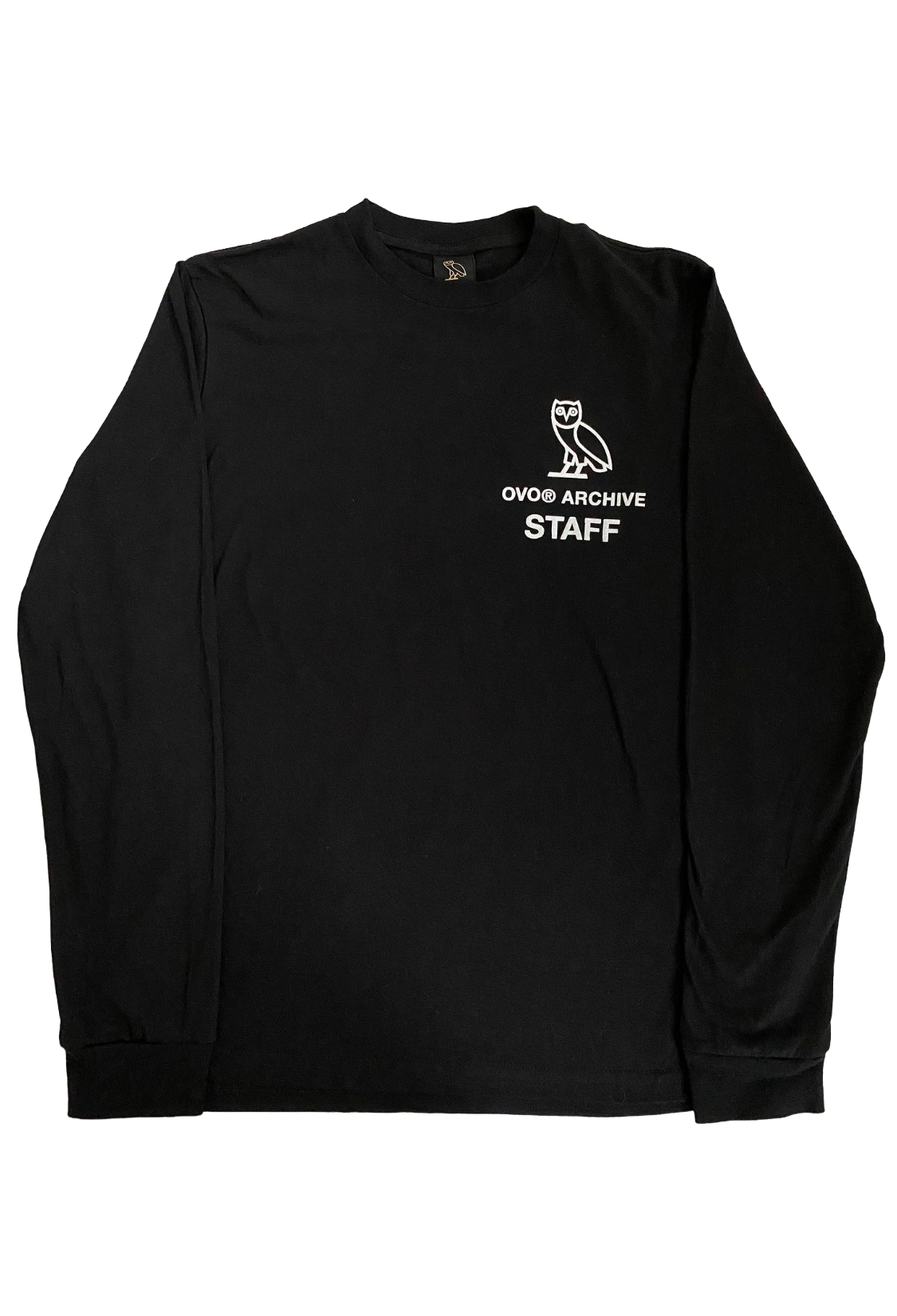 Black long-sleeve shirt with white text and logo on a white background OVO Warehouse Sale "Can't Take a Joke" Staff Exclusive Shirt