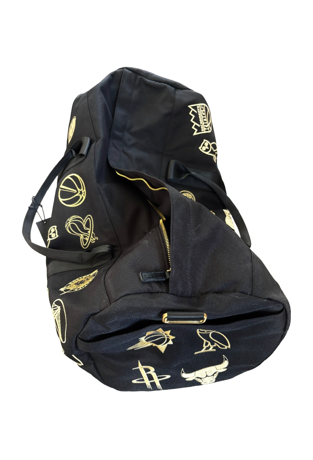 Black bag with gold logos on a white background
