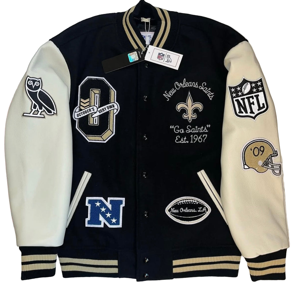 Black and beige varsity jacket OVO x NFL New Orleans Saints Varsity Jacket 