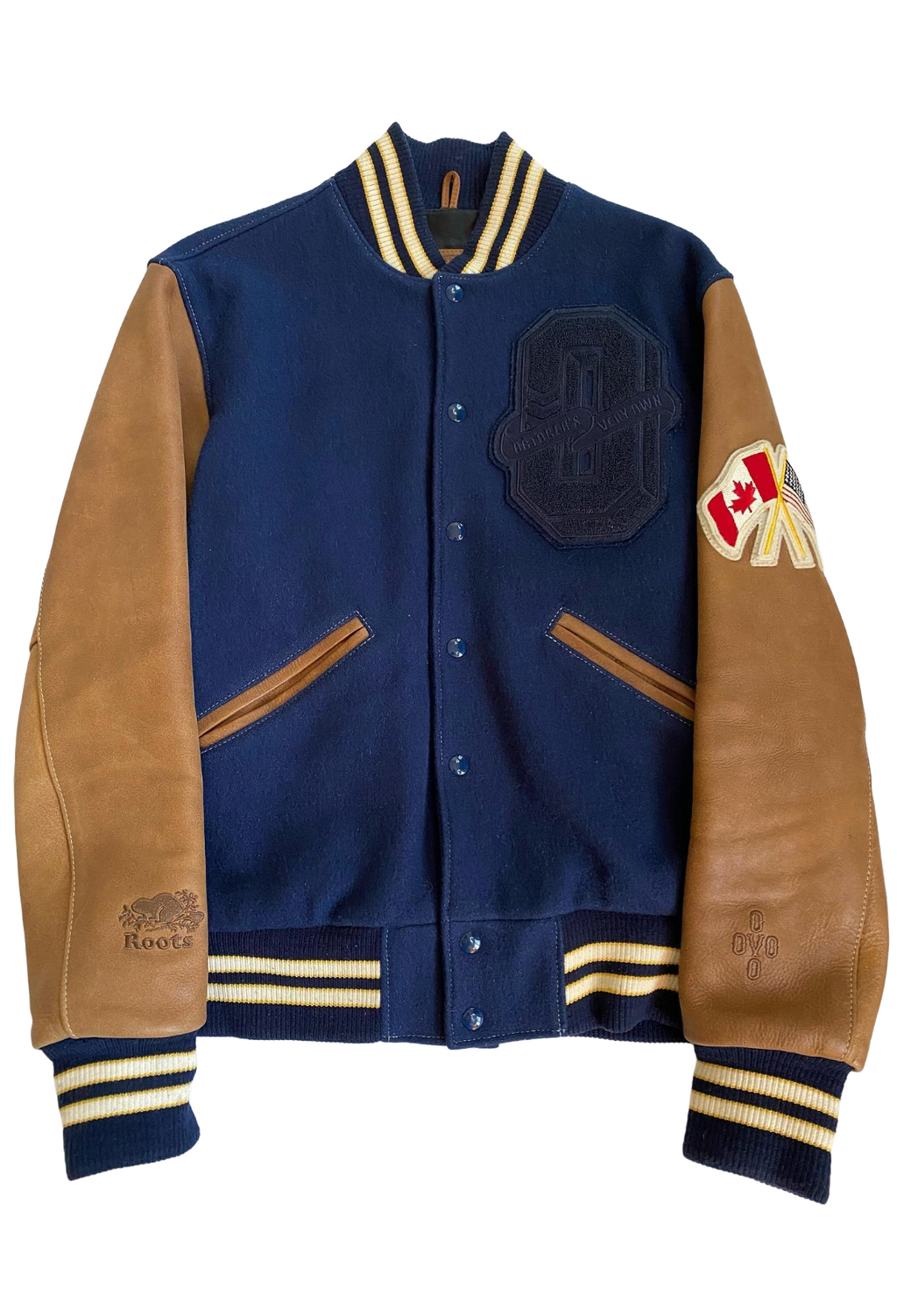 Blue and brown varsity jacket with patches on a white background OVO X Roots Leather Wool Varsity Jacket 2015 Navy Brown