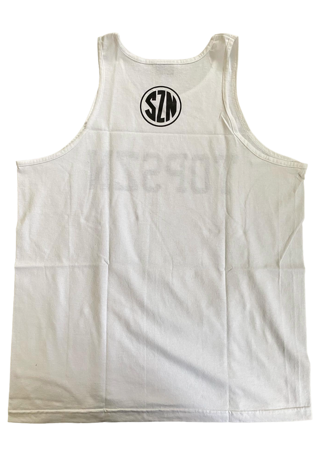 White tank top with a logo on the chest against a white background. OVO X TOPSZN Tank Top