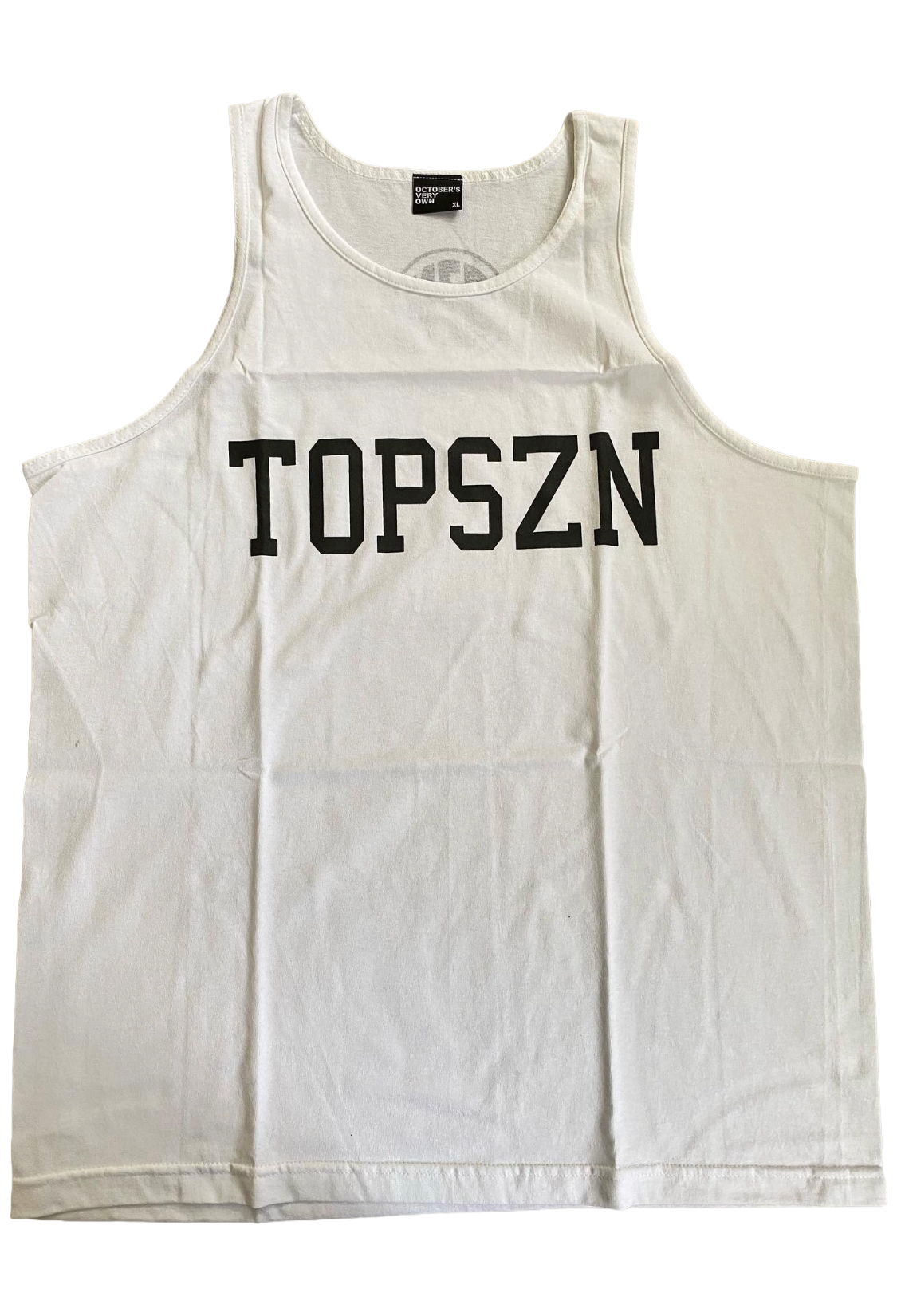 White tank top with 'TOPSZN' printed on a white background. OVO X TOPSZN Tank Top