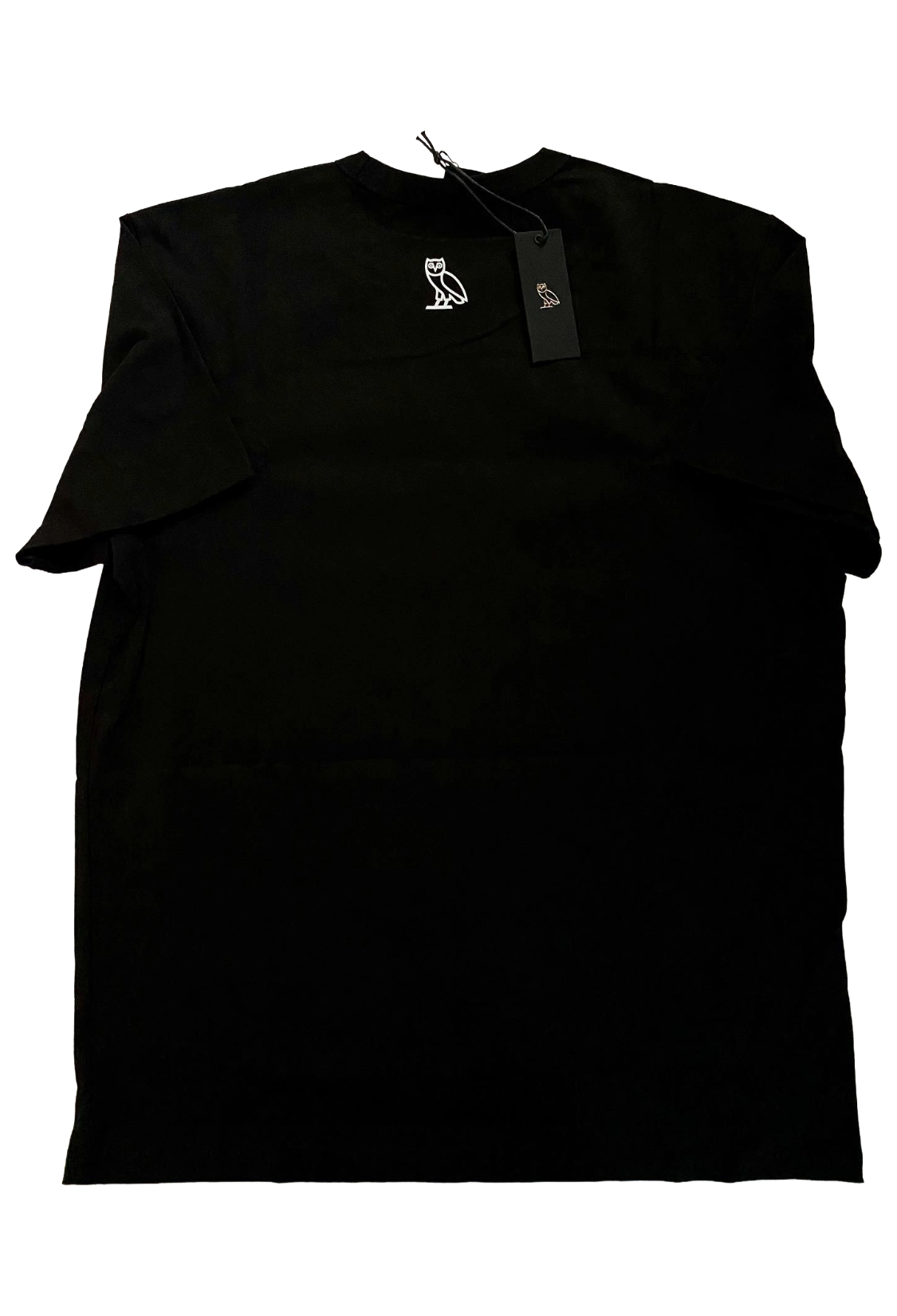 Black sleeveless top with a tag on a white background