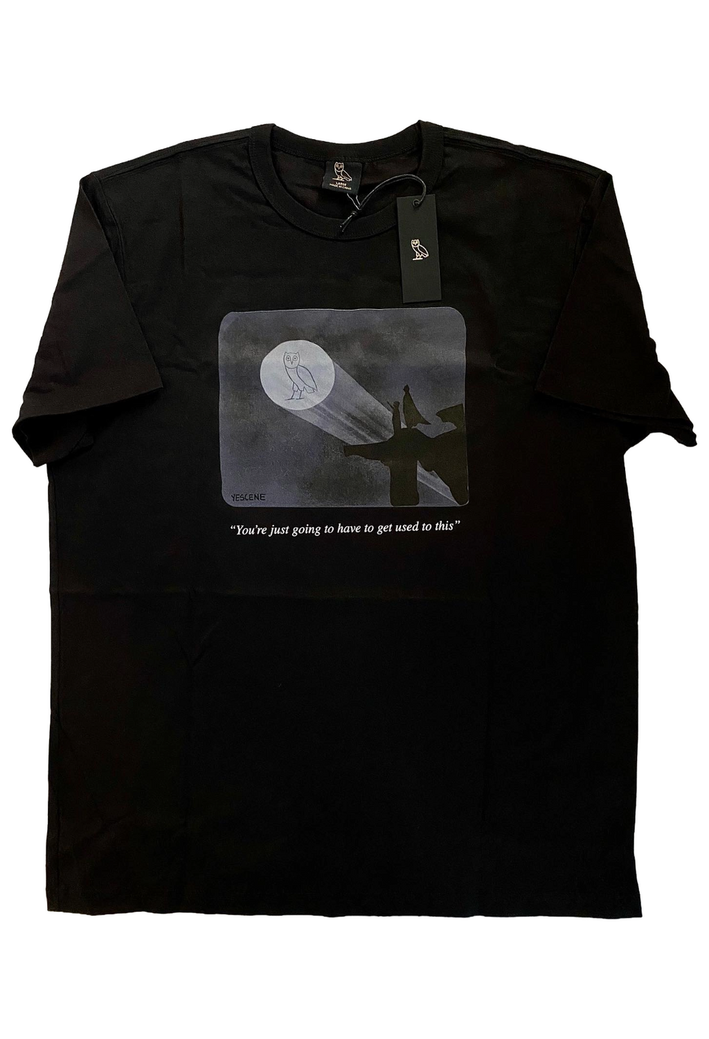 Black t-shirt with graphic design and text on a white background