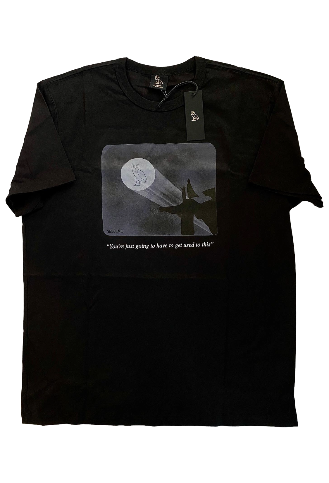 Black t-shirt with graphic design and text on a white background