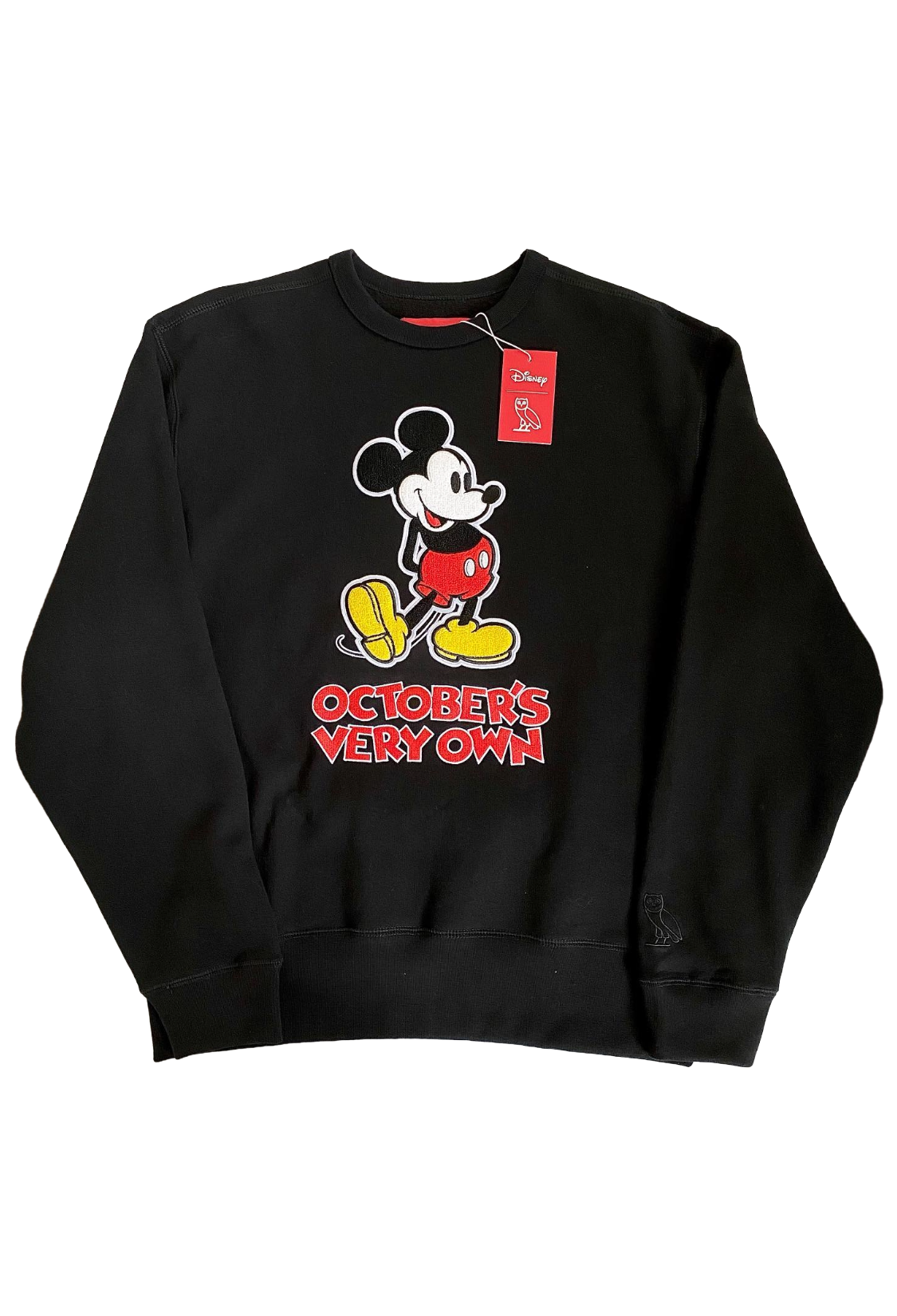 Black sweatshirt with a cartoon character and 'October's Very Own' text on a white background OVO x Disney Classic Mickey Crewneck