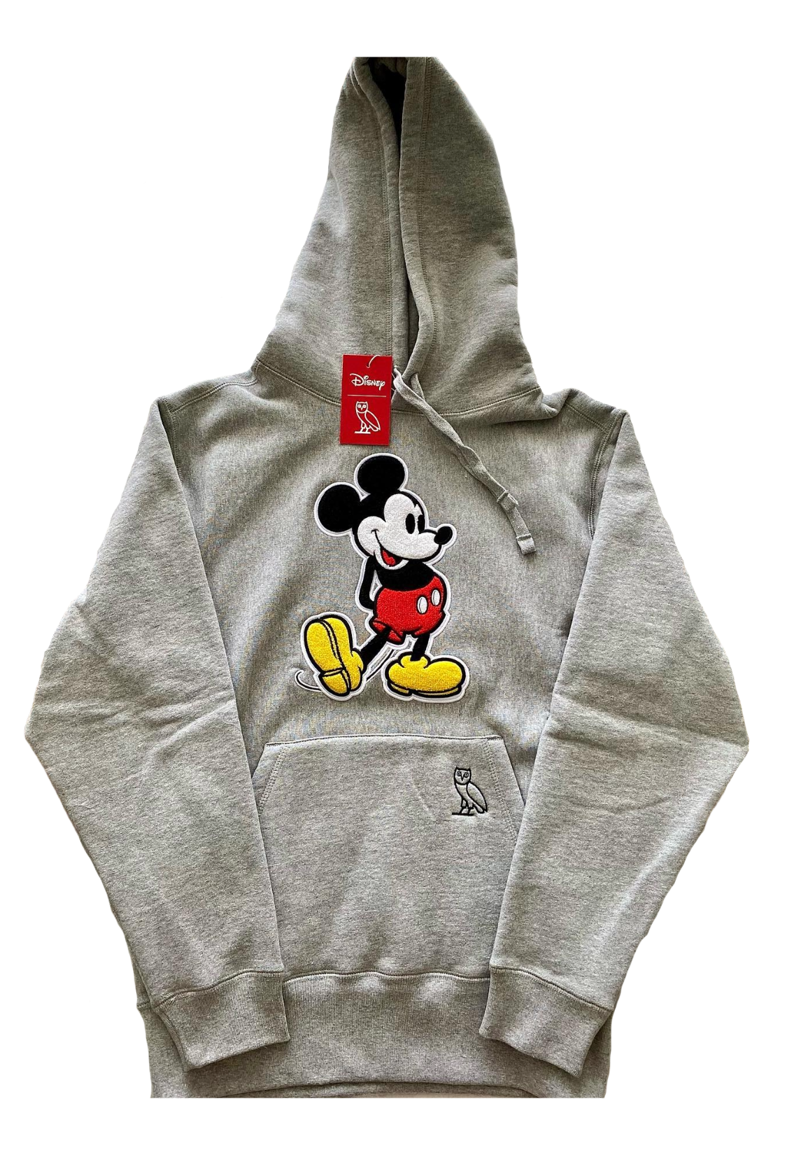 Grey hoodie with a mickey character design on a white background